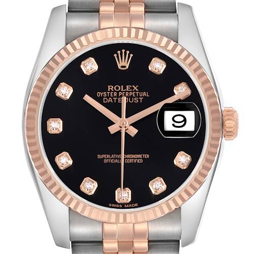 The Rolex Datejust 116231 Men's Steel and Gold (two tone) Black Dial watch is shown from the front, highlighting the dial, date, hands, bezel, and part of the bracelet.