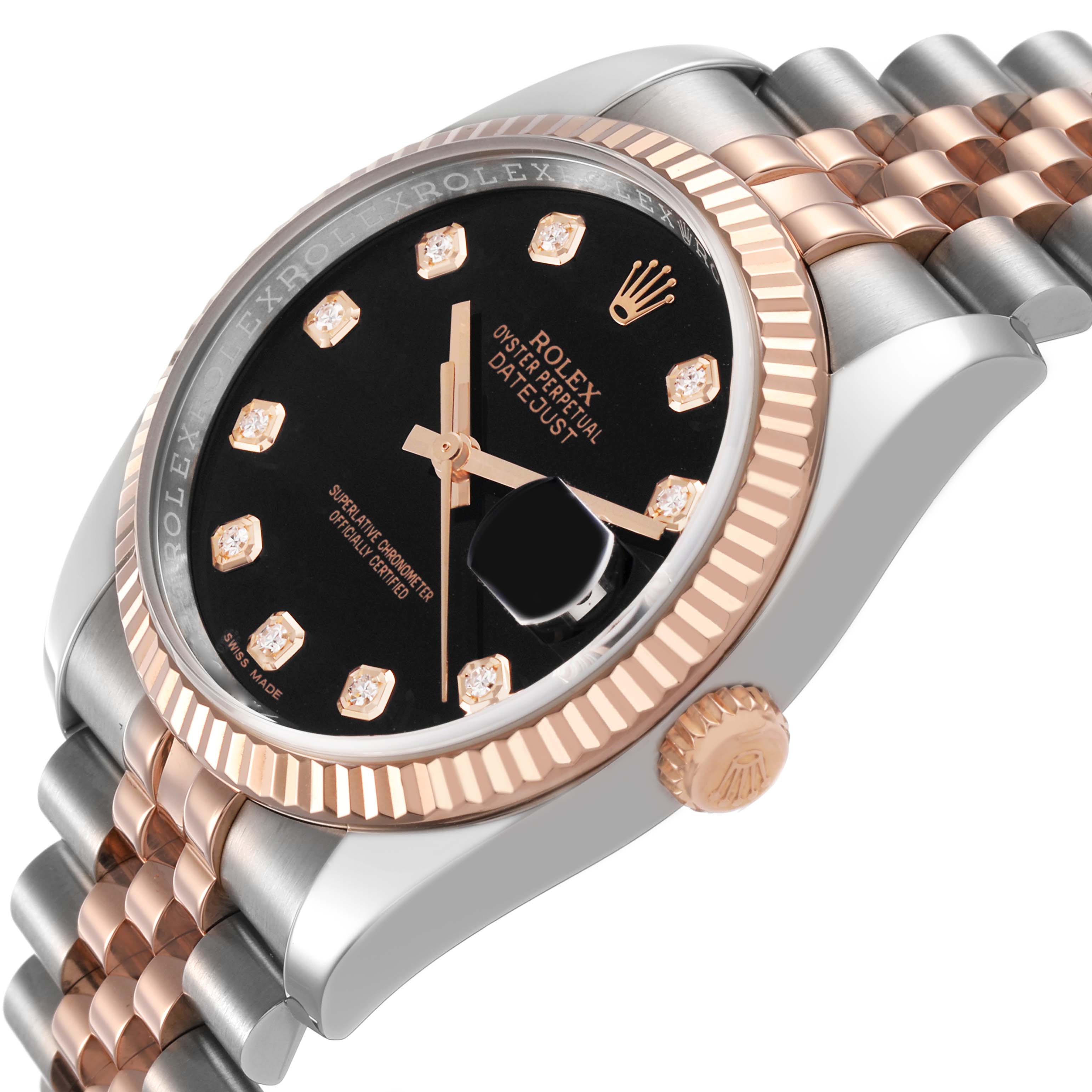 The Rolex Datejust 116231 Men's Steel and Gold (two tone) Black Dial is shown at a side angle, highlighting the bezel, black dial, jubilee bracelet, and crown.