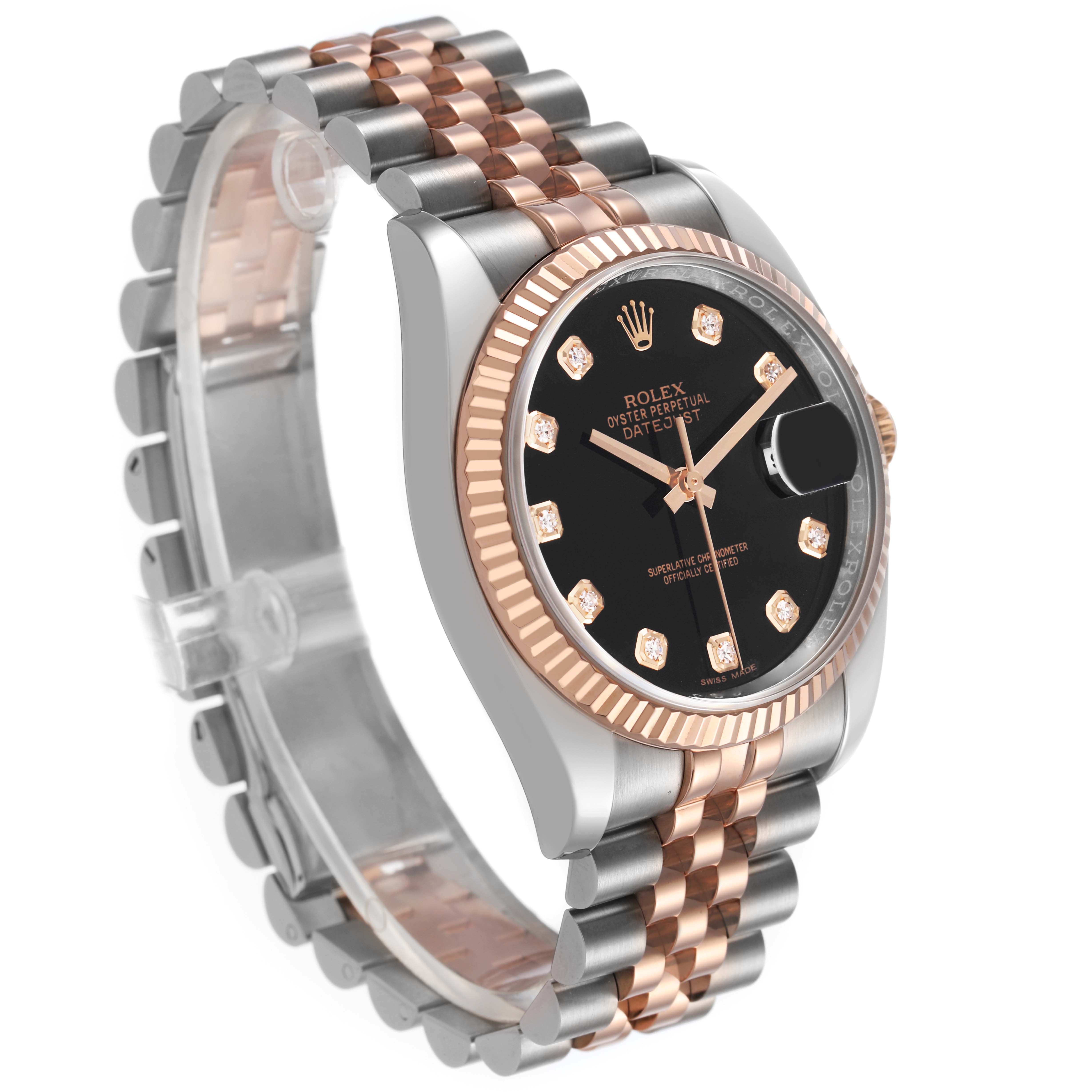 The Rolex Datejust 116231 Men's Steel and Gold (two tone) Black Dial watch is shown at a three-quarter angle, highlighting the case, bracelet, and dial.