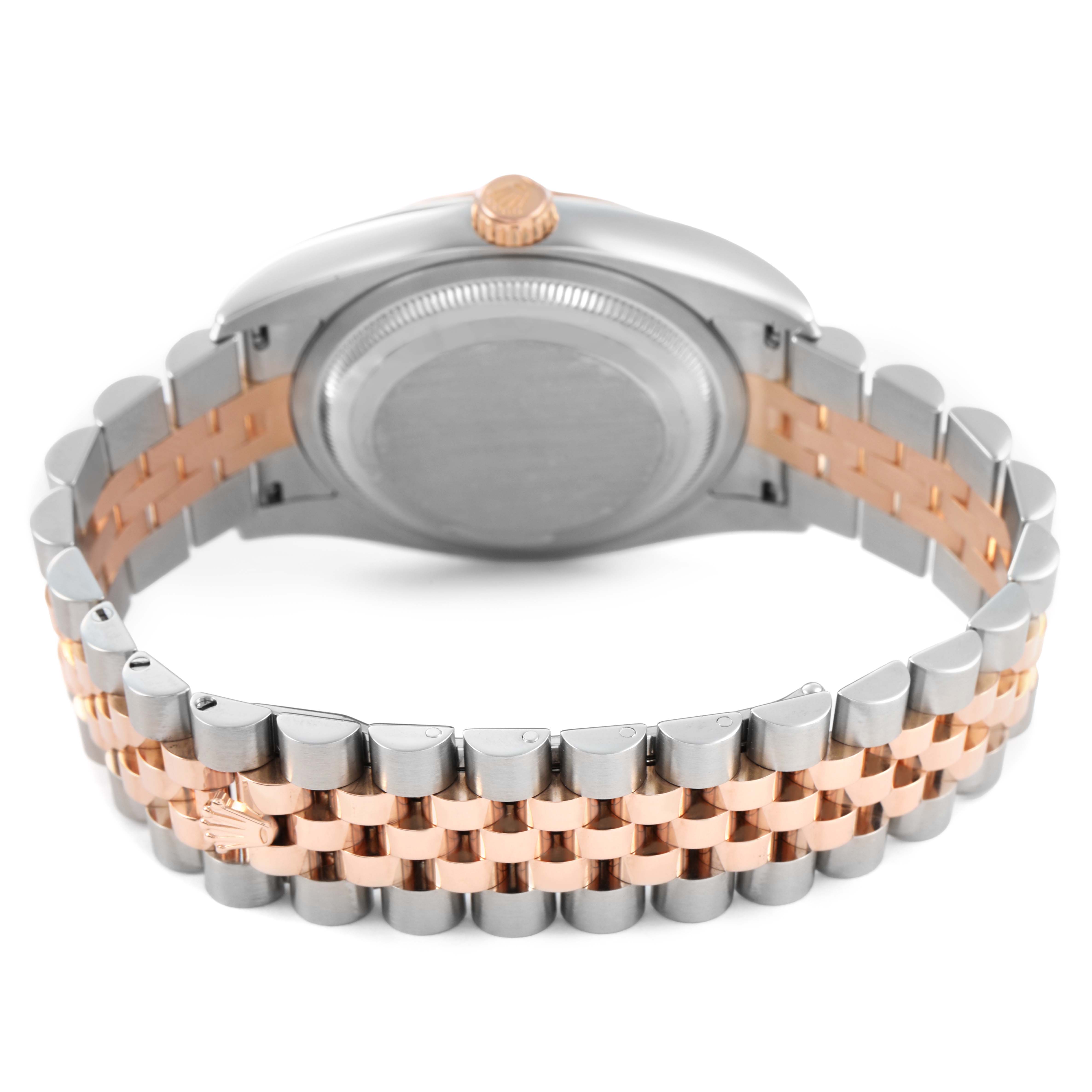 The image shows the back of a Rolex Datejust 116231 Men's Steel and Gold (two tone) Black Dial watch, featuring the case back, crown, and a two-tone bracelet.