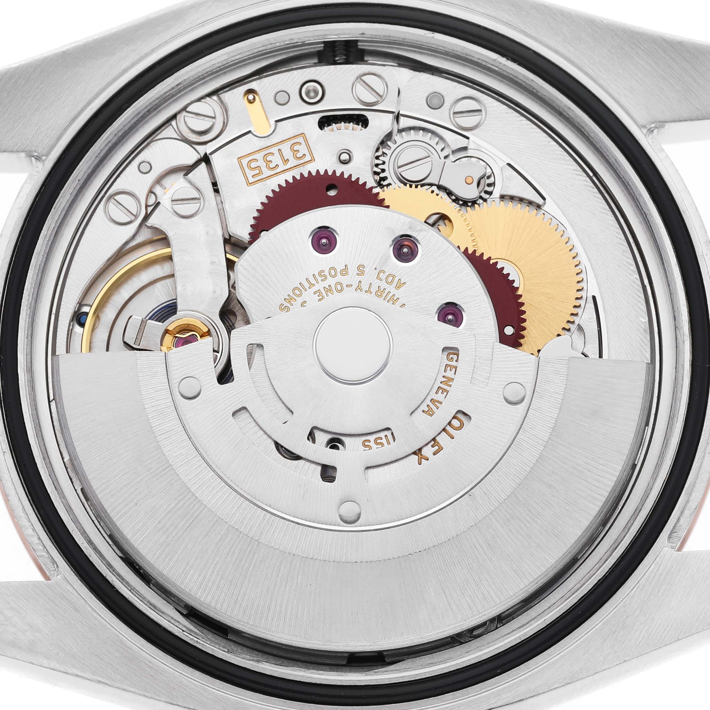 The image shows the movement of a Rolex Datejust 116231 Men's Steel and Gold (two tone) Black Dial watch, viewed from the back, highlighting gears and components.