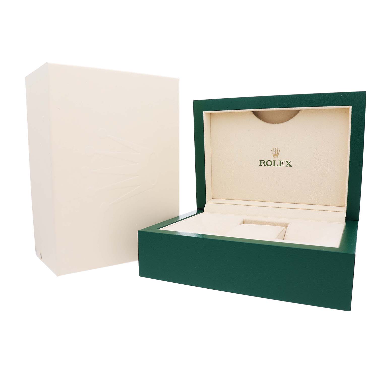 The image displays a green watch box and outer box for a Rolex Datejust 116231 Men's Steel and Gold (two tone) Black Dial, shown open from an angled side view.