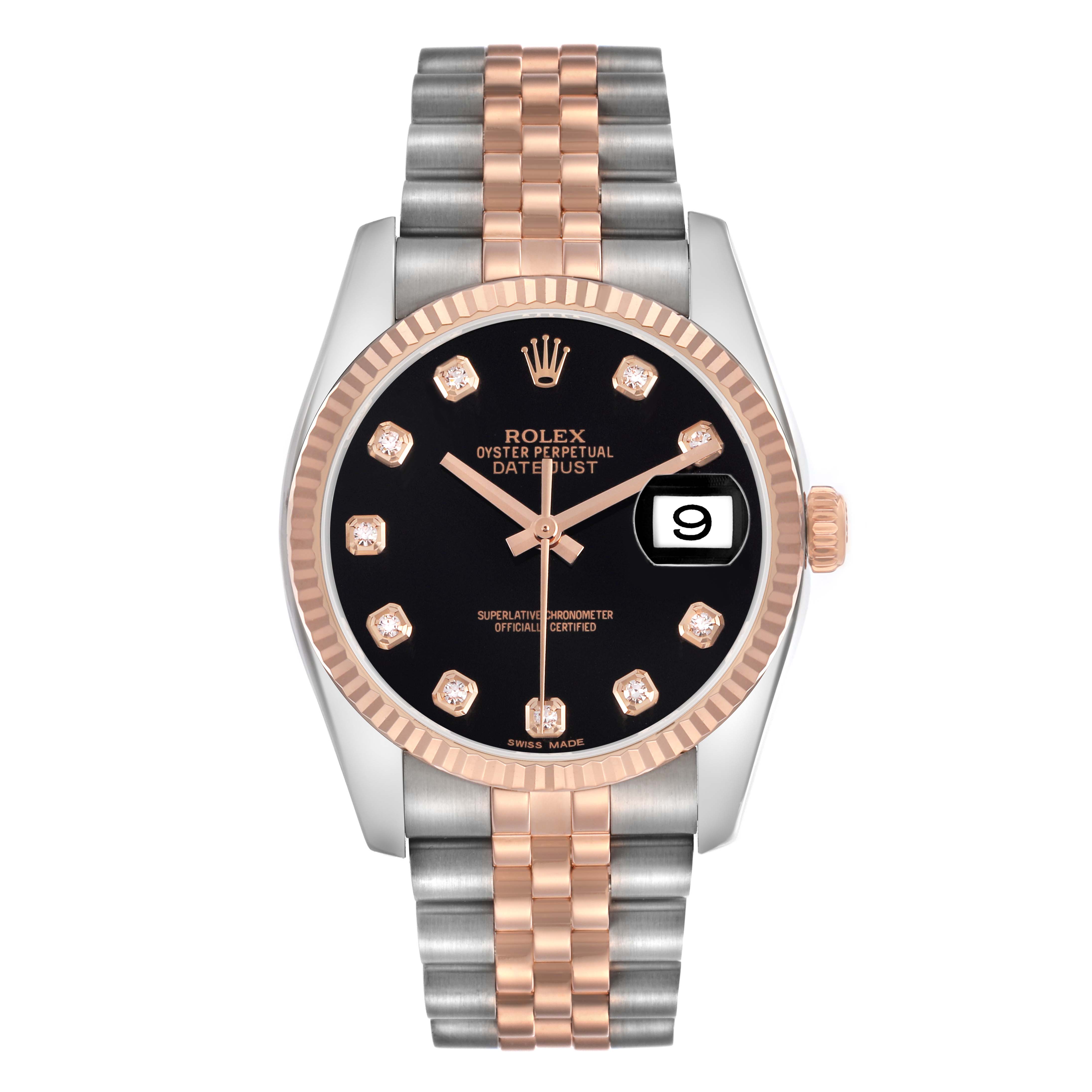 The Rolex Datejust 116231 Men's Steel and Gold (two tone) Black Dial watch is shown from the front, displaying the dial, bezel, crown, and bracelet.