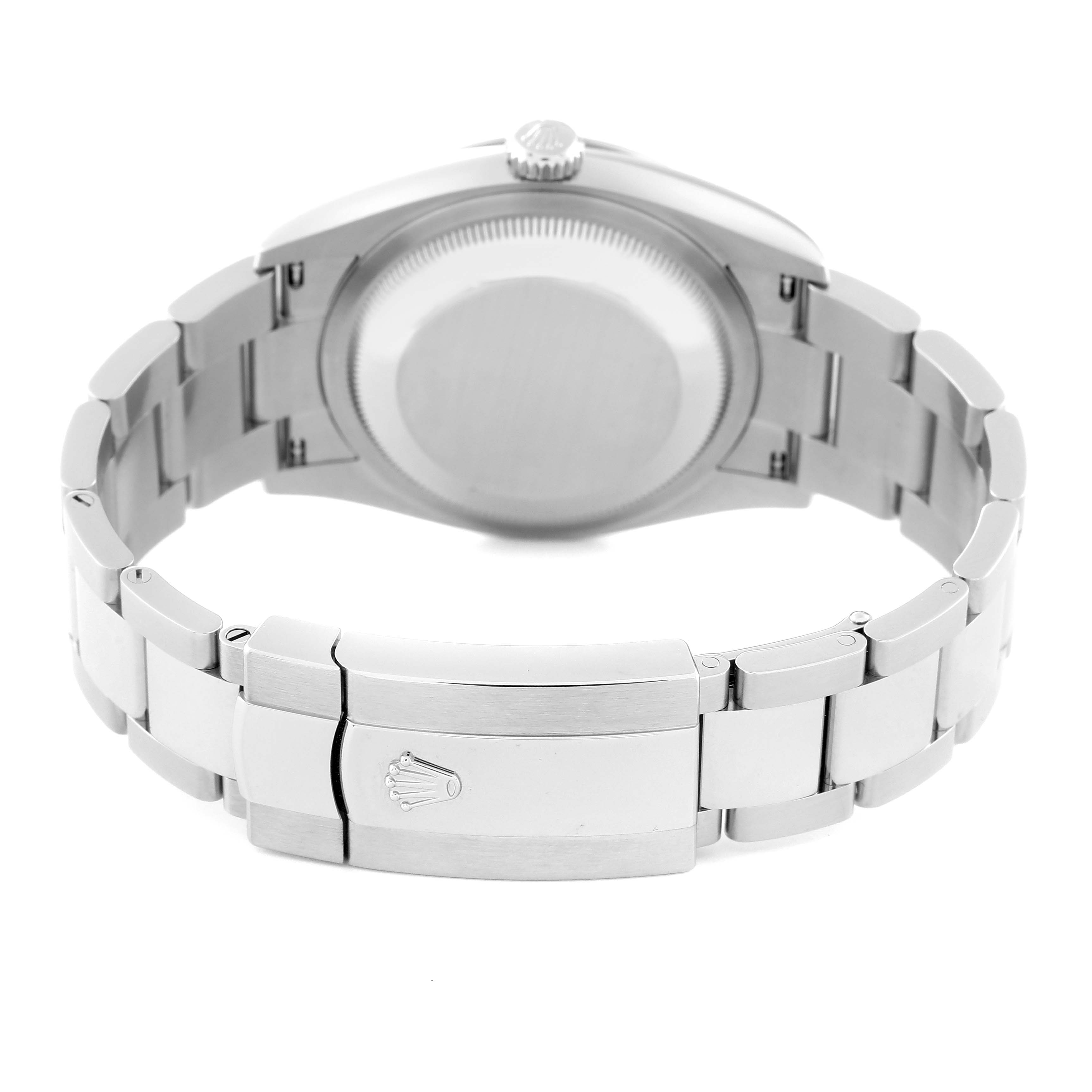 This image shows the back view of a Rolex Datejust 126234 Men's Stainless Steel Green Dial 126234 Men's Stainless Steel Green Dial watch, highlighting the clasp and bracelet.