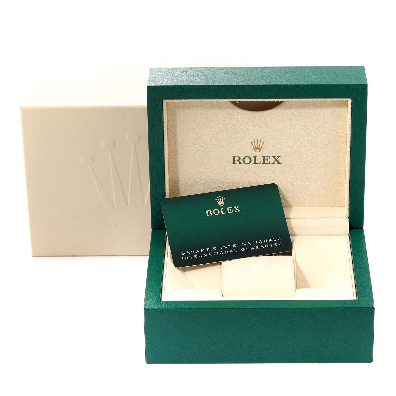 The image shows a green Rolex Datejust 126234 Men's Stainless Steel Green Dial 126234 Men's Stainless Steel Green Dial watch box with its lid open, revealing the warranty card inside.