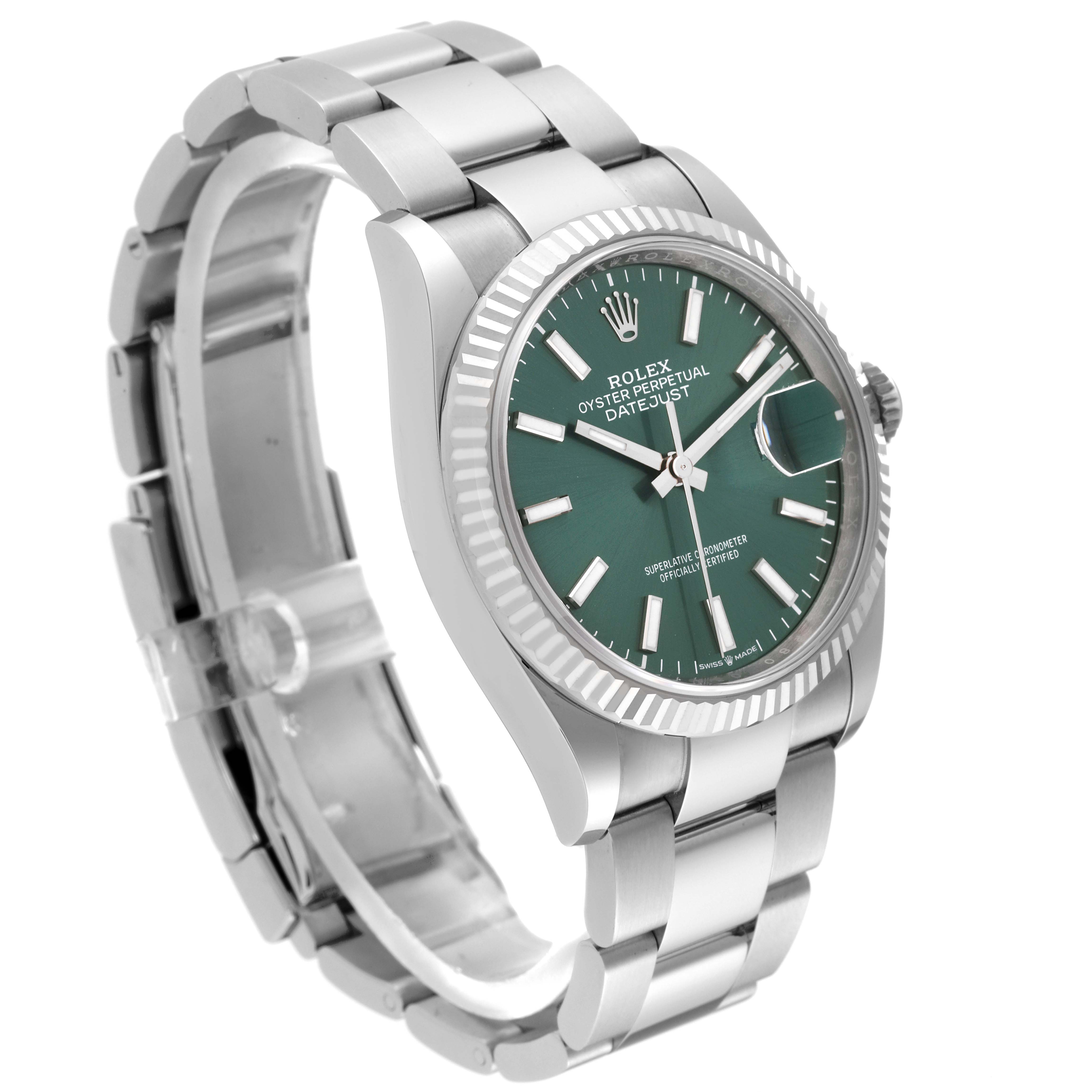 The Rolex Datejust 126234 Men's Stainless Steel Green Dial 126234 Men's Stainless Steel Green Dial model is shown at a slight angled side view, highlighting the green dial, fluted bezel, and stainless steel bracelet.