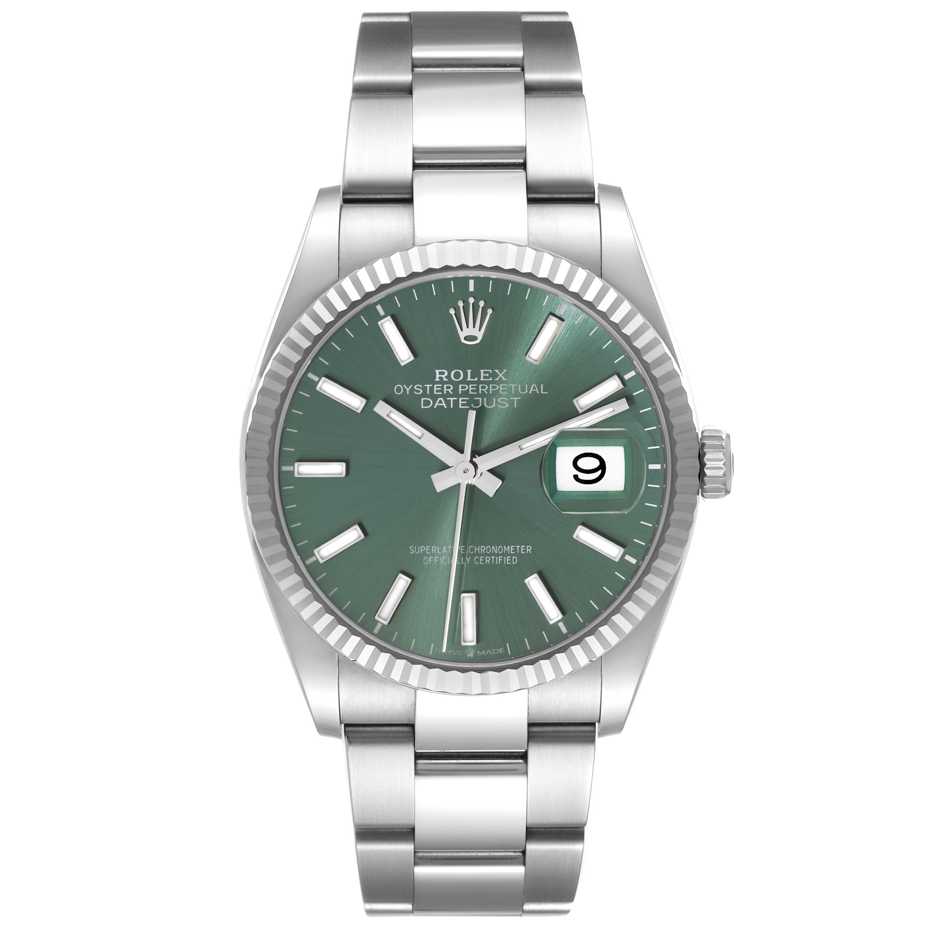 The Rolex Datejust 126234 Men's Stainless Steel Green Dial 126234 Men's Stainless Steel Green Dial watch is shown from the front, displaying its green dial, fluted bezel, and Oyster bracelet.