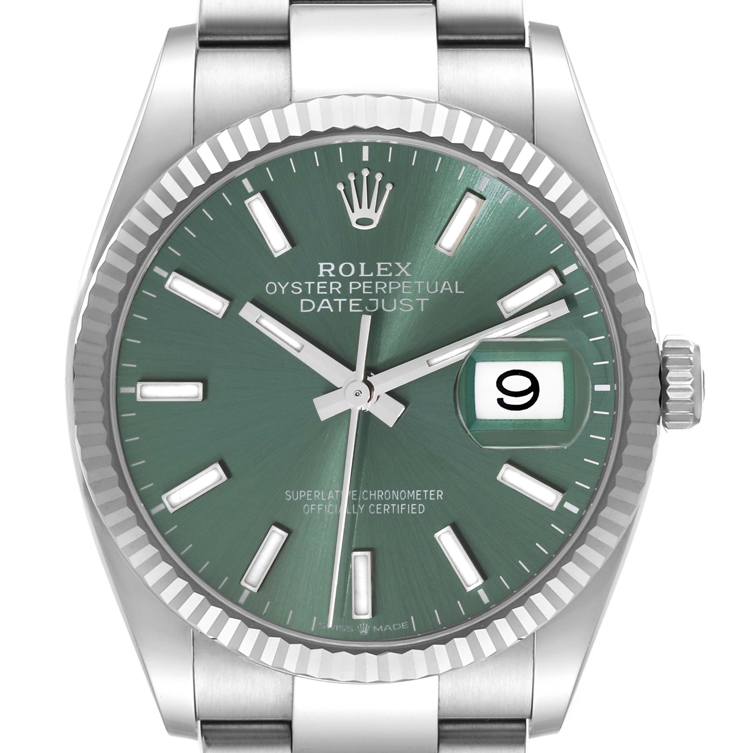 The Rolex Datejust 126234 Men's Stainless Steel Green Dial 126234 Men's Stainless Steel Green Dial watch is shown from a front angle, displaying its green dial, fluted bezel, date window, and part of the bracelet.