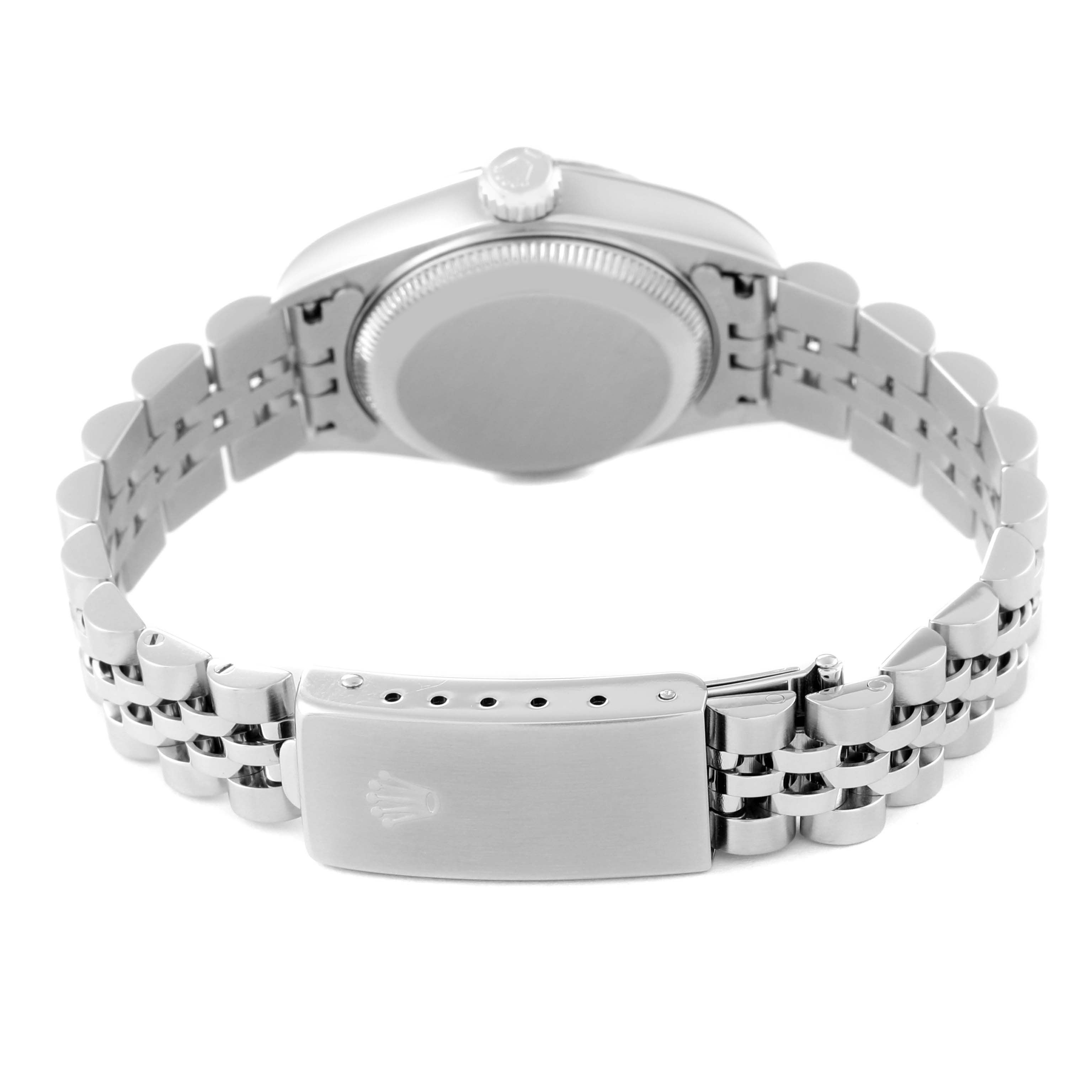 This image shows the back of a Rolex Datejust 79174 Women
s Stainless Steel Mother of Pearl Dial 79174 Women
s Stainless Steel Mother of Pearl Dial watch, focusing on the case back, crown, and Jubilee bracelet with clasp.