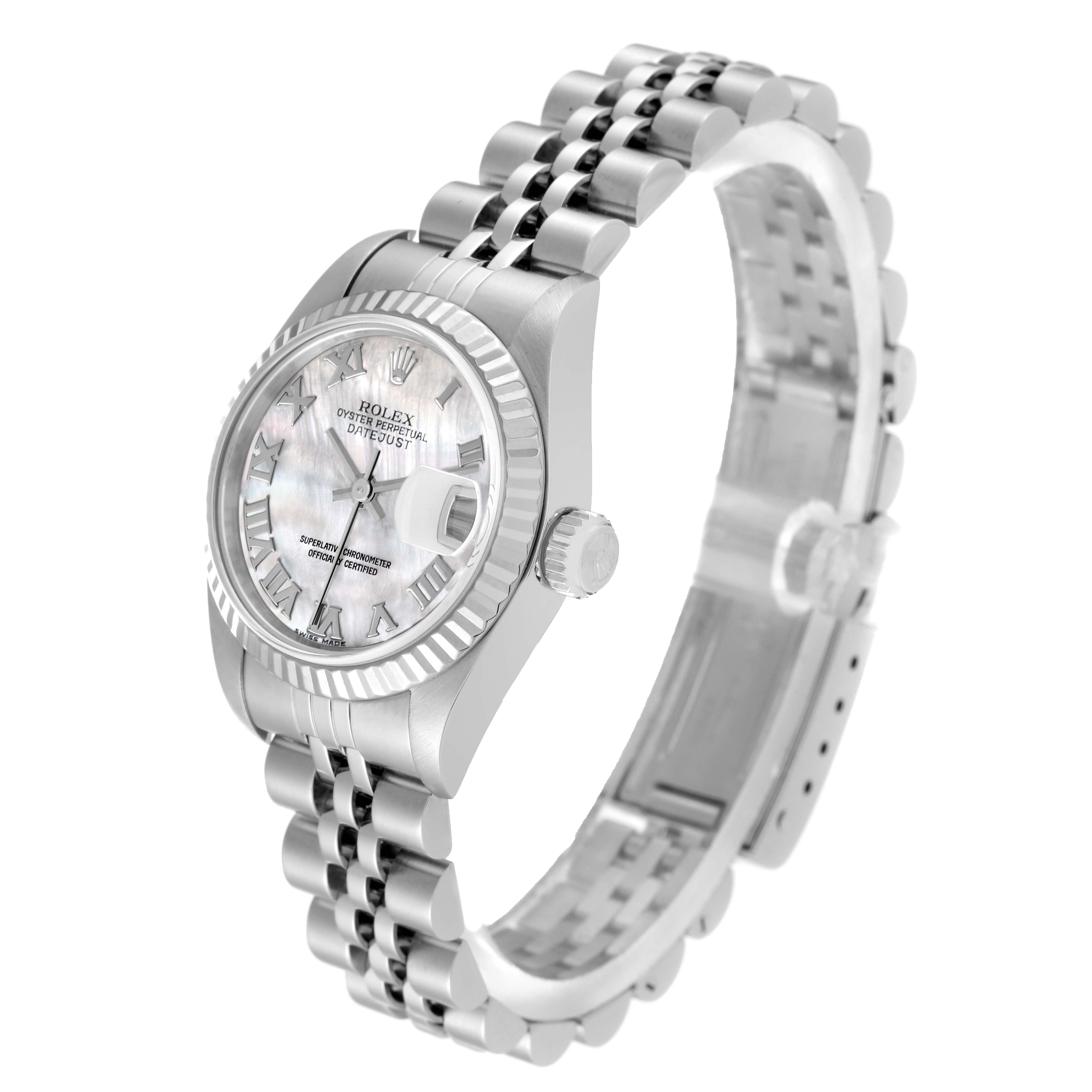 The image shows a Rolex Datejust 79174 Women
s Stainless Steel Mother of Pearl Dial 79174 Women
s Stainless Steel Mother of Pearl Dial watch at a three-quarter angle, displaying the dial, bezel, crown, and part of the bracelet.