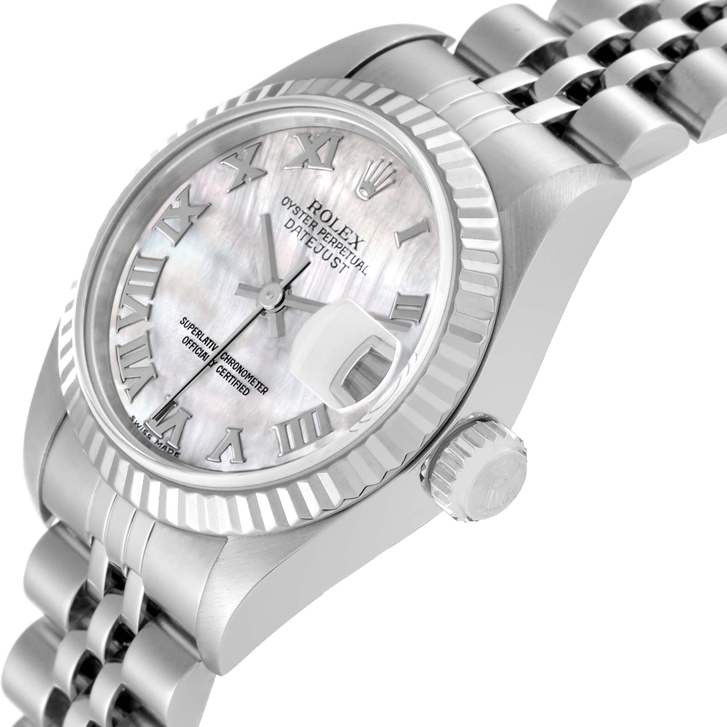 The image shows a close-up angled view of a Rolex Datejust 79174 Women
s Stainless Steel Mother of Pearl Dial 79174 Women
s Stainless Steel Mother of Pearl Dial watch, highlighting the dial, crown, and part of the bracelet.