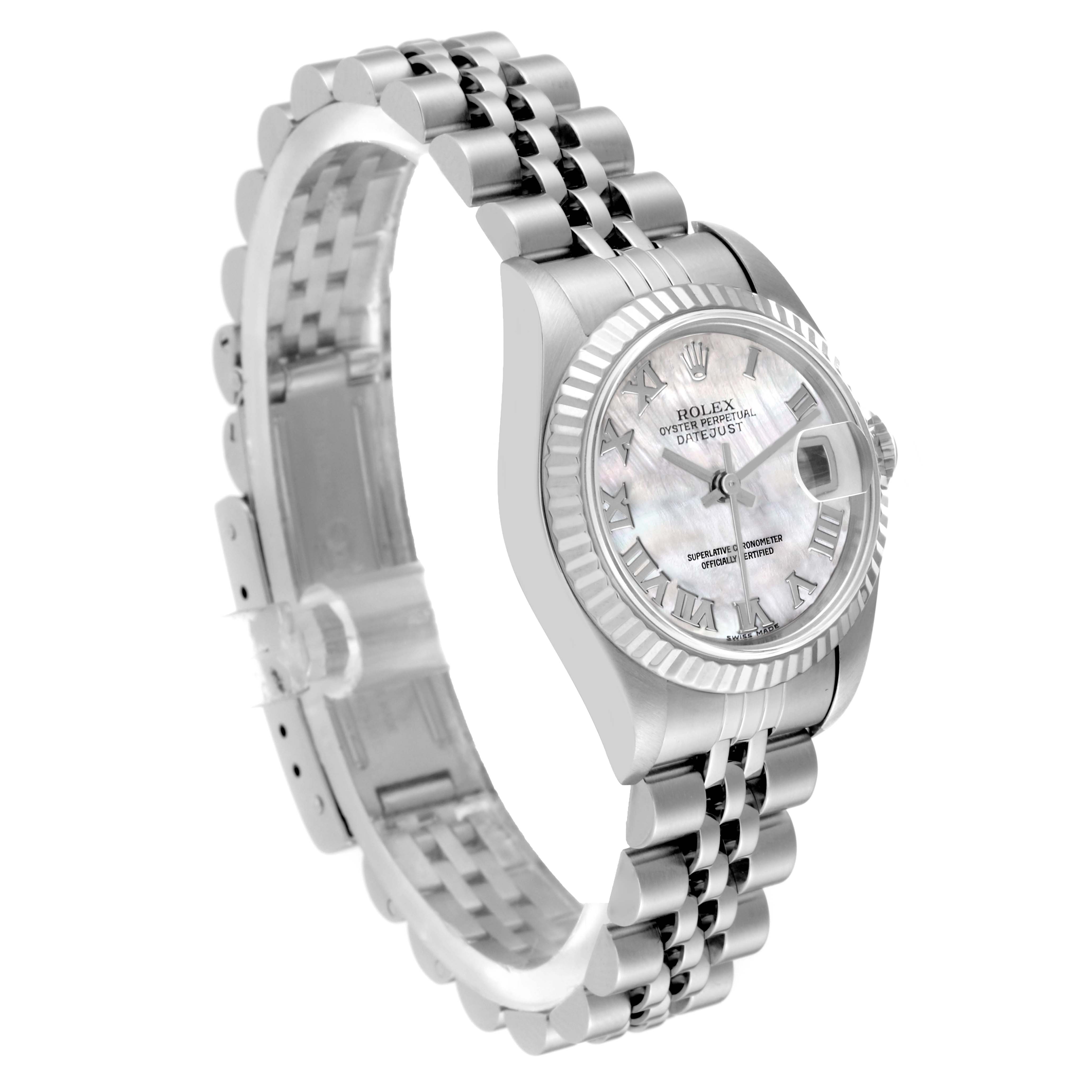 This Rolex Datejust 79174 Women
s Stainless Steel Mother of Pearl Dial 79174 Women
s Stainless Steel Mother of Pearl Dial watch is shown at a three-quarter angle, highlighting its dial, fluted bezel, and Jubilee bracelet.