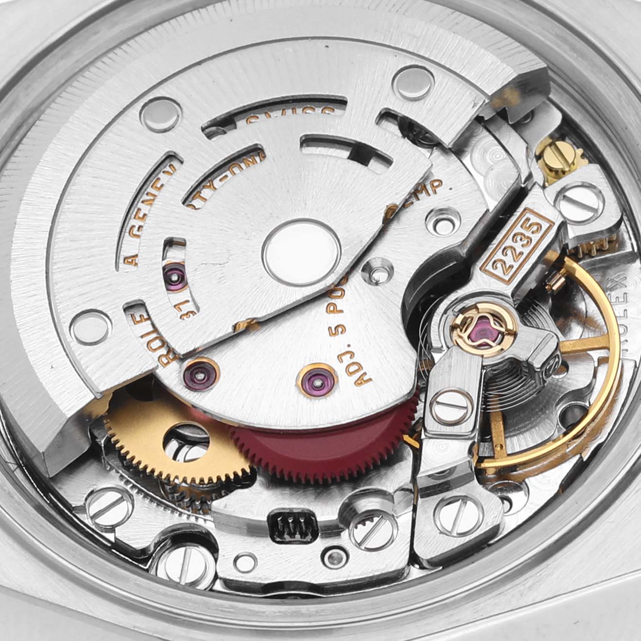 The image shows the intricate internal mechanism and movement components of a Rolex Datejust 79174 Women
s Stainless Steel Mother of Pearl Dial 79174 Women
s Stainless Steel Mother of Pearl Dial watch.