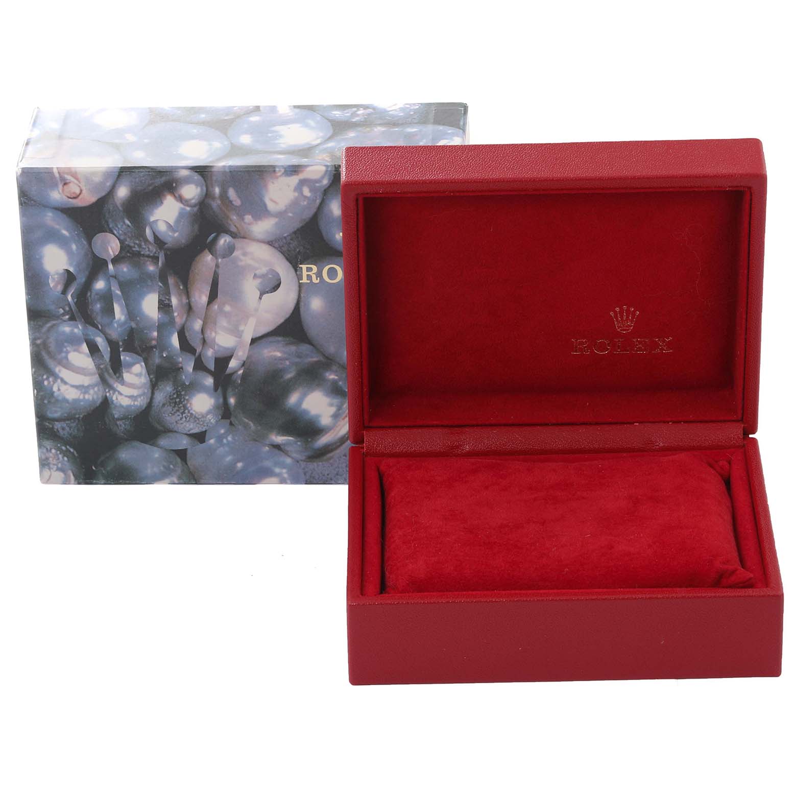 This image shows an open red Rolex Datejust 79174 Women
s Stainless Steel Mother of Pearl Dial 79174 Women
s Stainless Steel Mother of Pearl Dial watch box and its outer packaging.