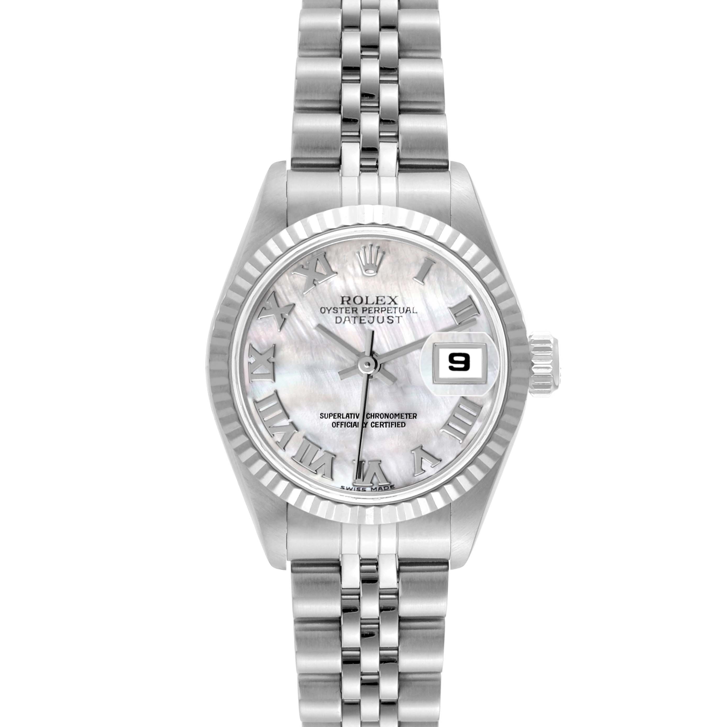This image shows a Rolex Datejust 79174 Women
s Stainless Steel Mother of Pearl Dial 79174 Women
s Stainless Steel Mother of Pearl Dial watch from the front, highlighting the face, bezel, bracelet, and date window.