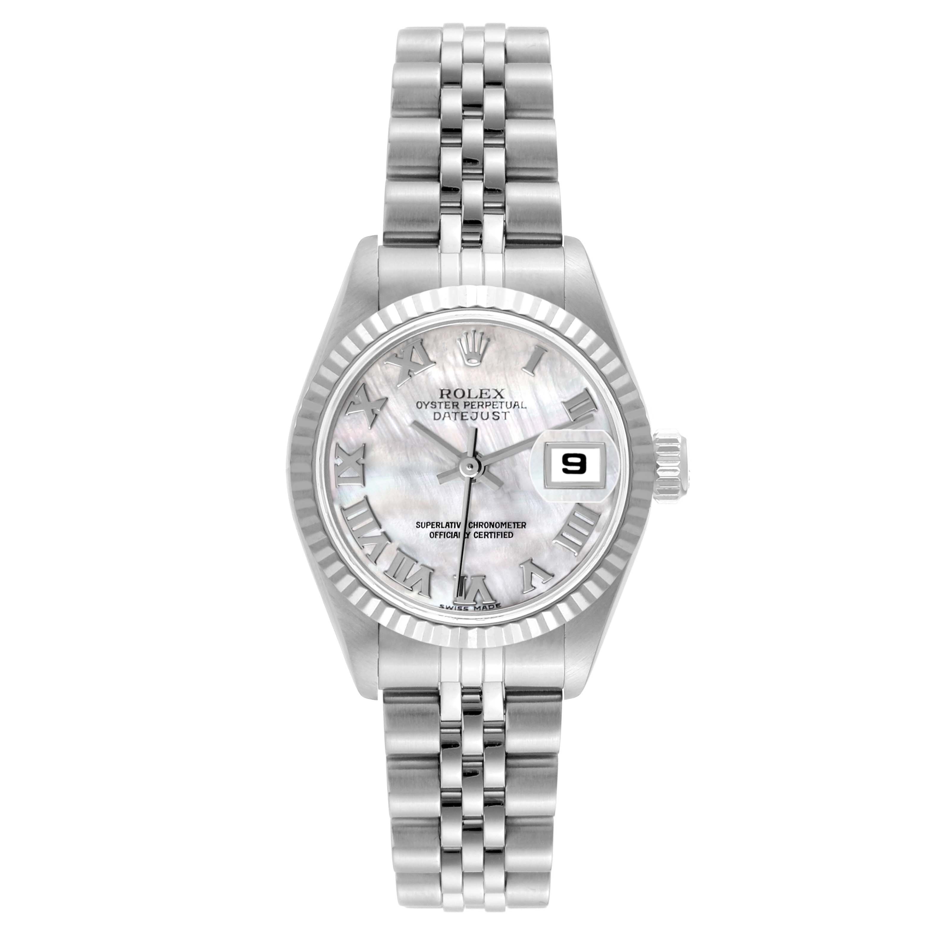 This image shows a Rolex Datejust 79174 Women
s Stainless Steel Mother of Pearl Dial 79174 Women
s Stainless Steel Mother of Pearl Dial watch, displaying the face, bezel, crown, and bracelet from a front view.