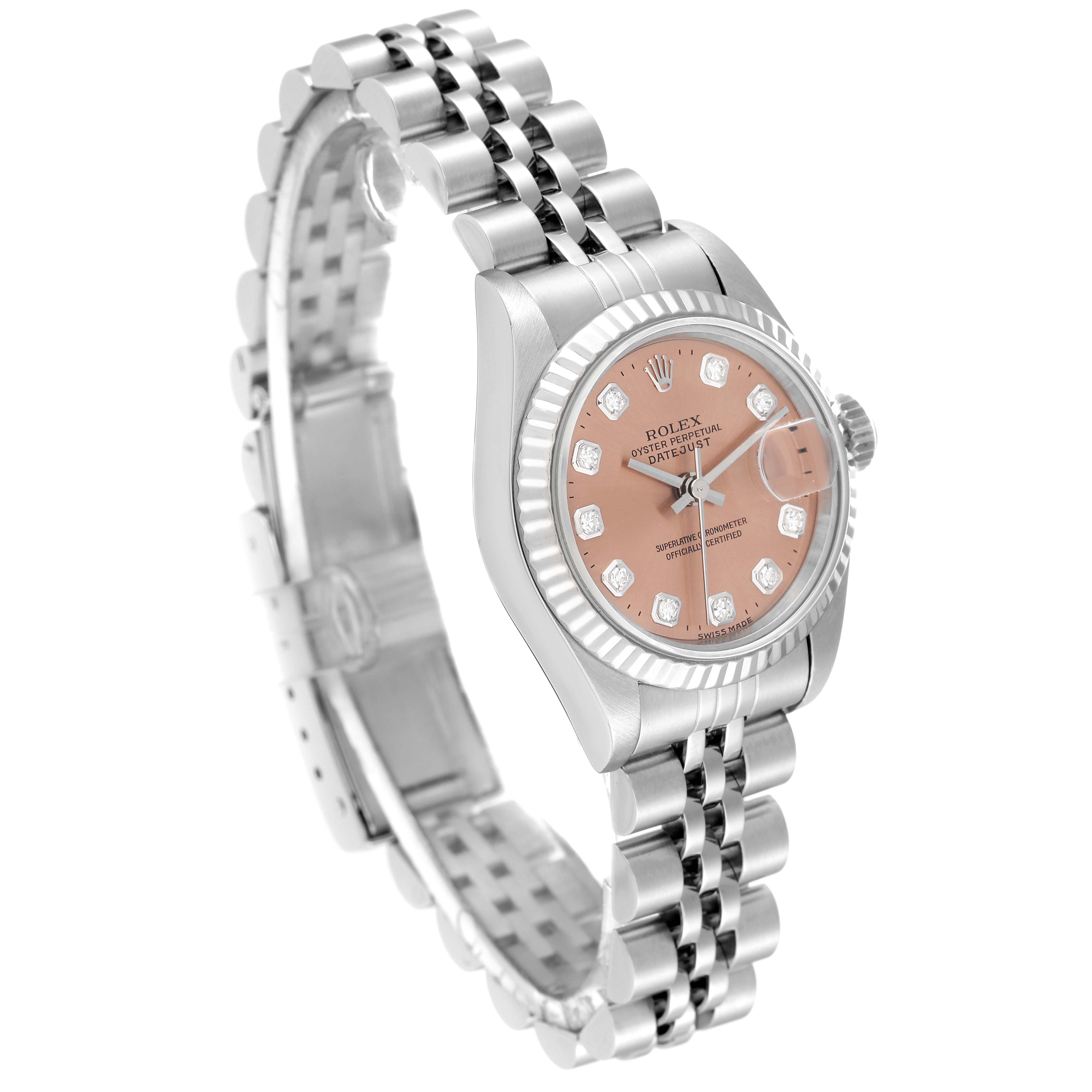 This Rolex Datejust 69174 Women's Stainless Steel Pink Dial 69174 Women's Stainless Steel Pink Dial watch is shown at a side angle, highlighting the bracelet, case, and diamond-set dial.