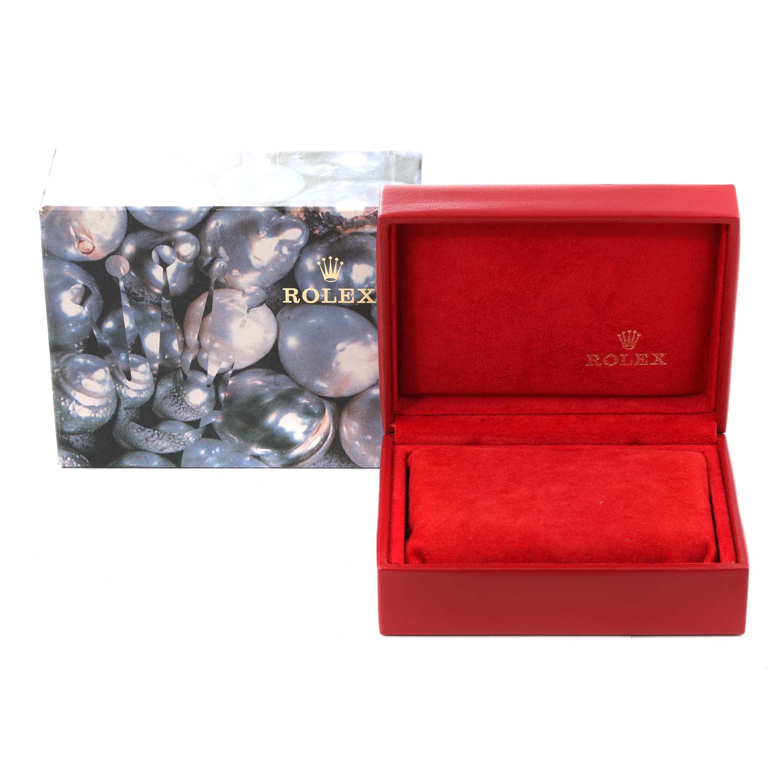 The image shows a red box with a cushion and an outer box, both branded with Rolex logos, for the Datejust model watch.