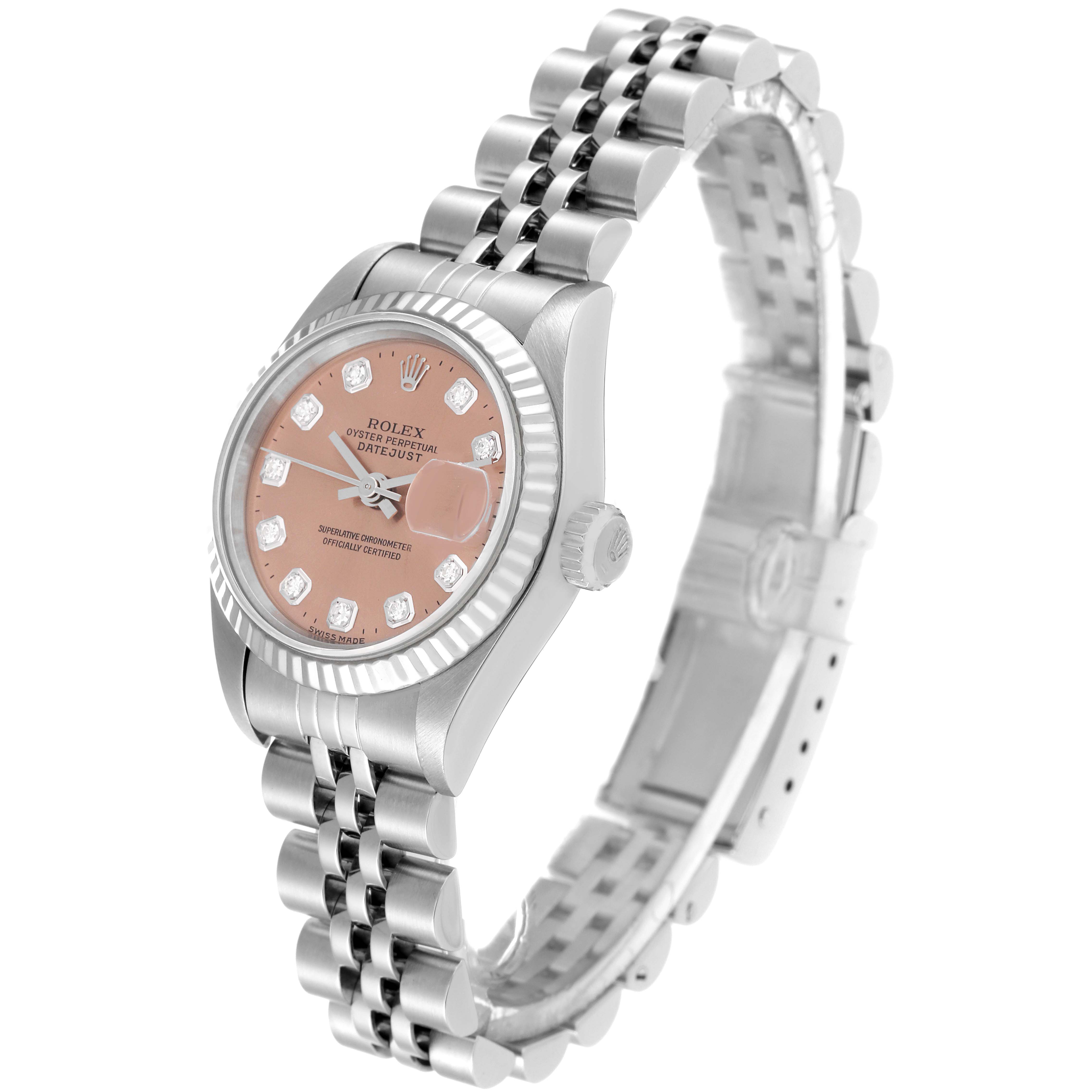This image shows a Rolex Datejust 69174 Women's Stainless Steel Pink Dial 69174 Women's Stainless Steel Pink Dial watch angled to display the face, bezel, crown, and bracelet.