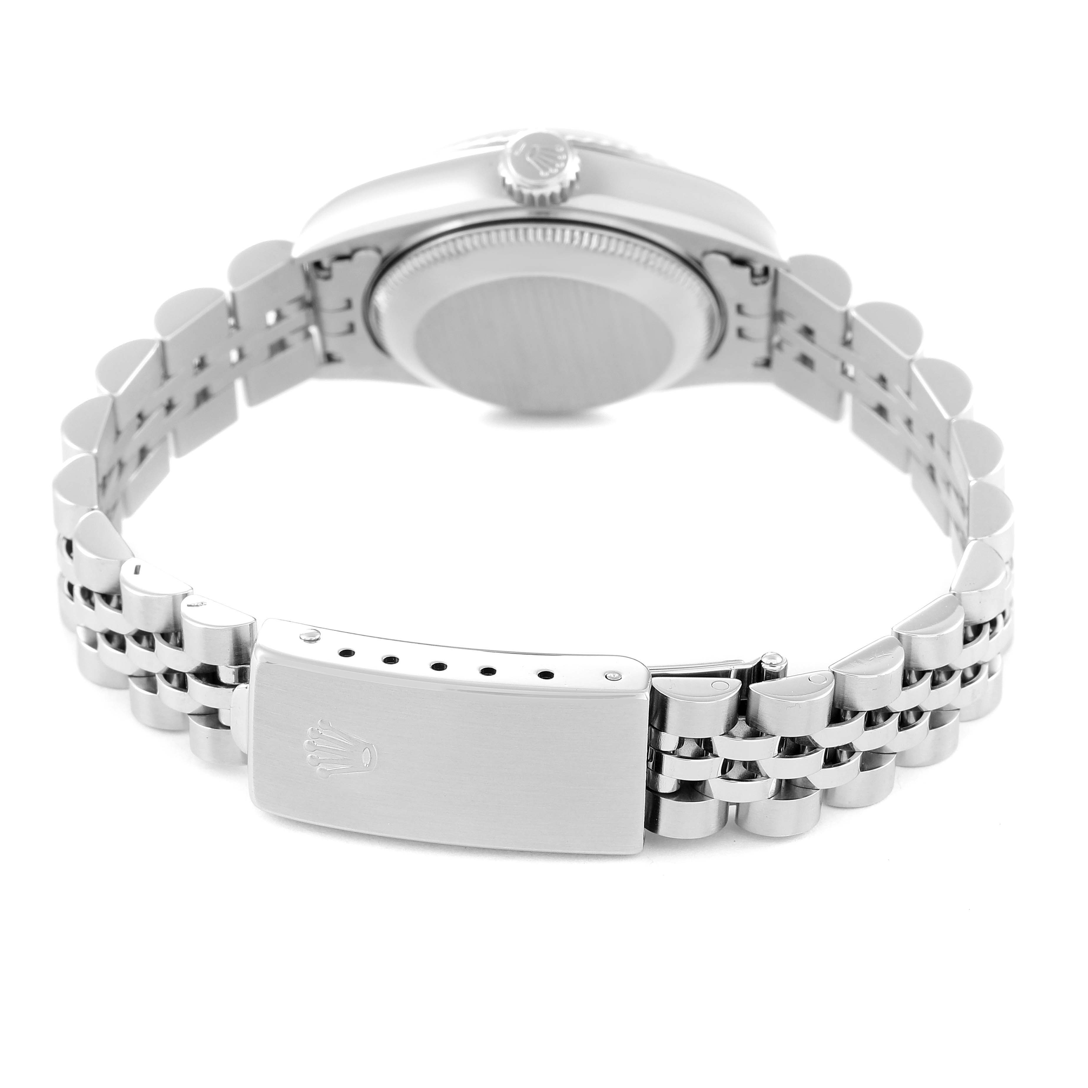 This image shows the back view of a Rolex Datejust 69174 Women's Stainless Steel Pink Dial 69174 Women's Stainless Steel Pink Dial watch, highlighting its bracelet and clasp.