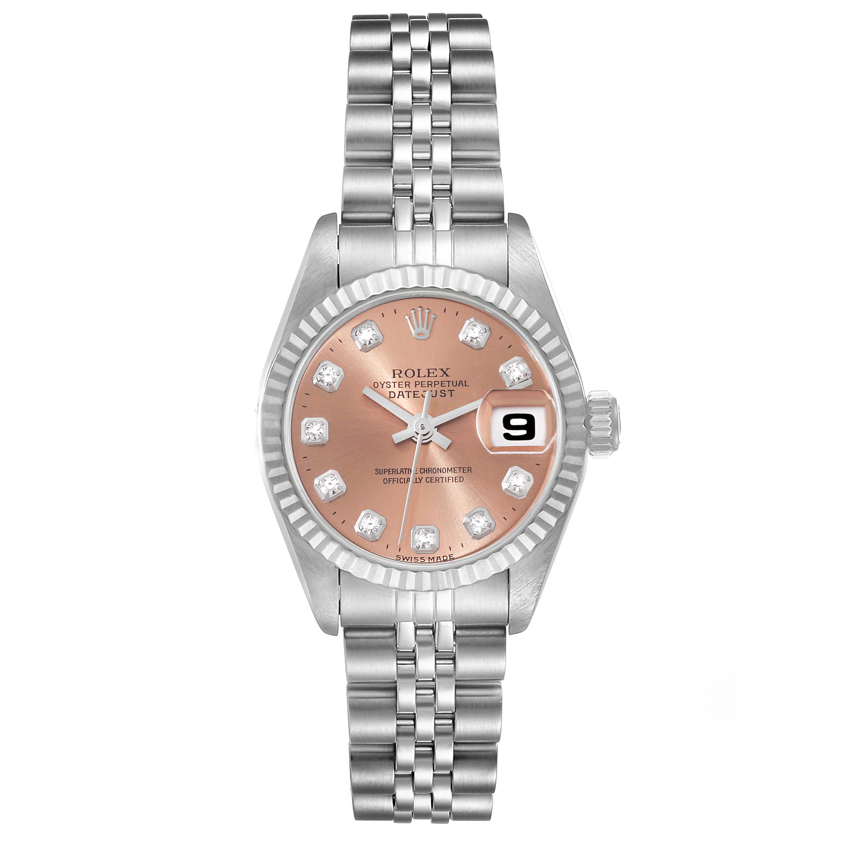 The image shows a Rolex Datejust 69174 Women's Stainless Steel Pink Dial 69174 Women's Stainless Steel Pink Dial watch from a top-down angle, highlighting its dial, bracelet, and crown.