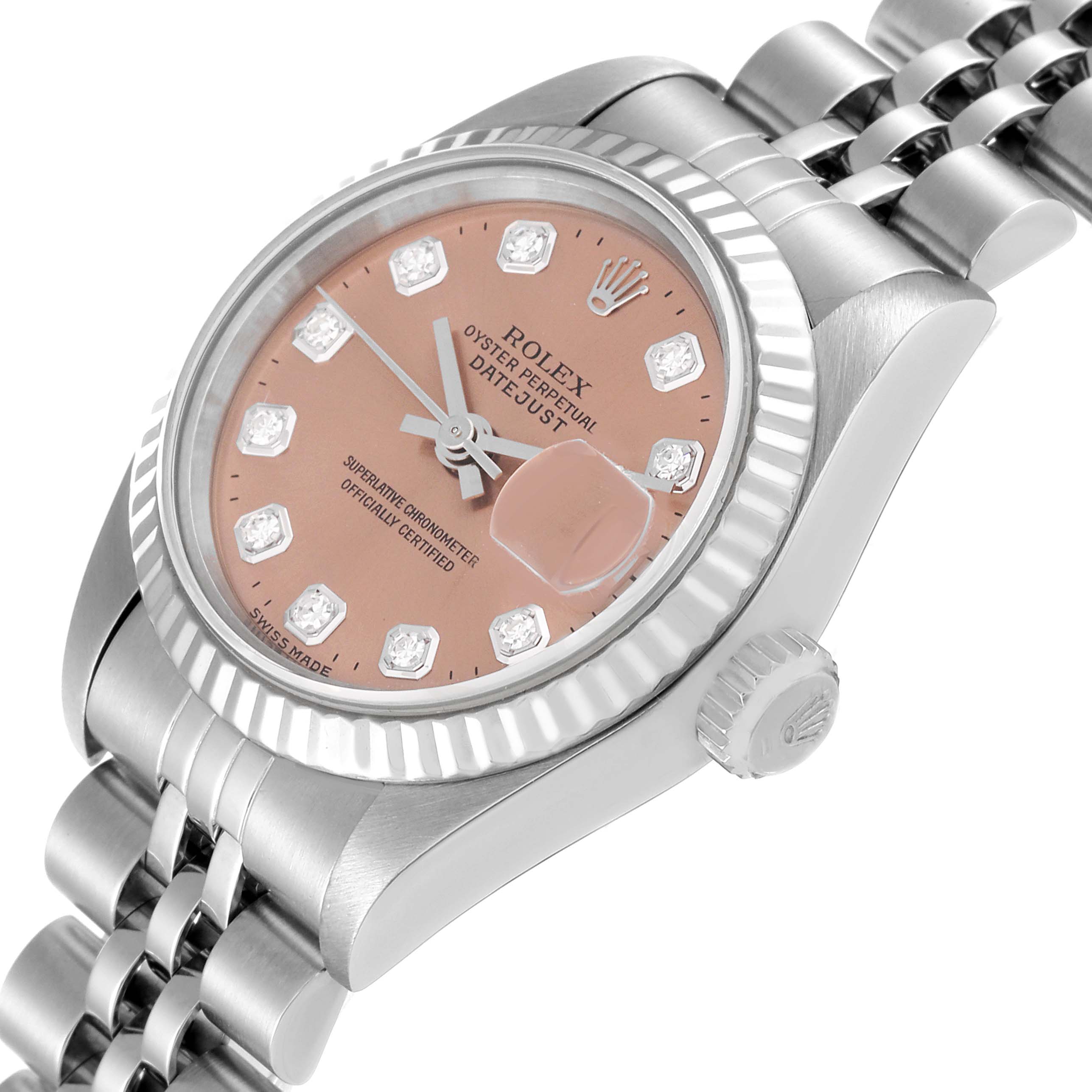 The image shows a side angle of the Rolex Datejust 69174 Women's Stainless Steel Pink Dial 69174 Women's Stainless Steel Pink Dial watch, highlighting its dial, bezel, crown, and bracelet.