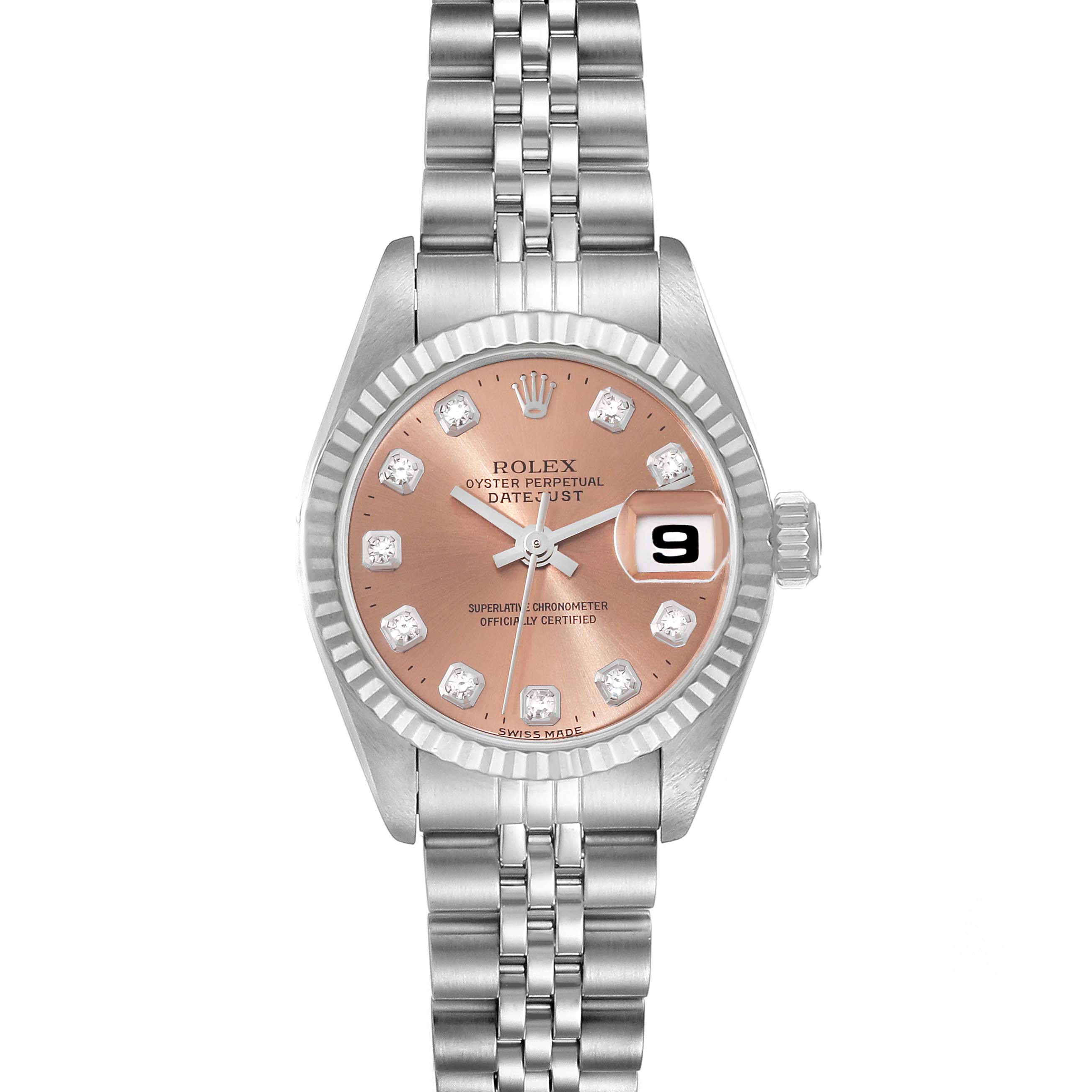 This image shows a front view of a Rolex Datejust 69174 Women's Stainless Steel Pink Dial 69174 Women's Stainless Steel Pink Dial watch featuring a pink dial, date display, and stainless steel band.