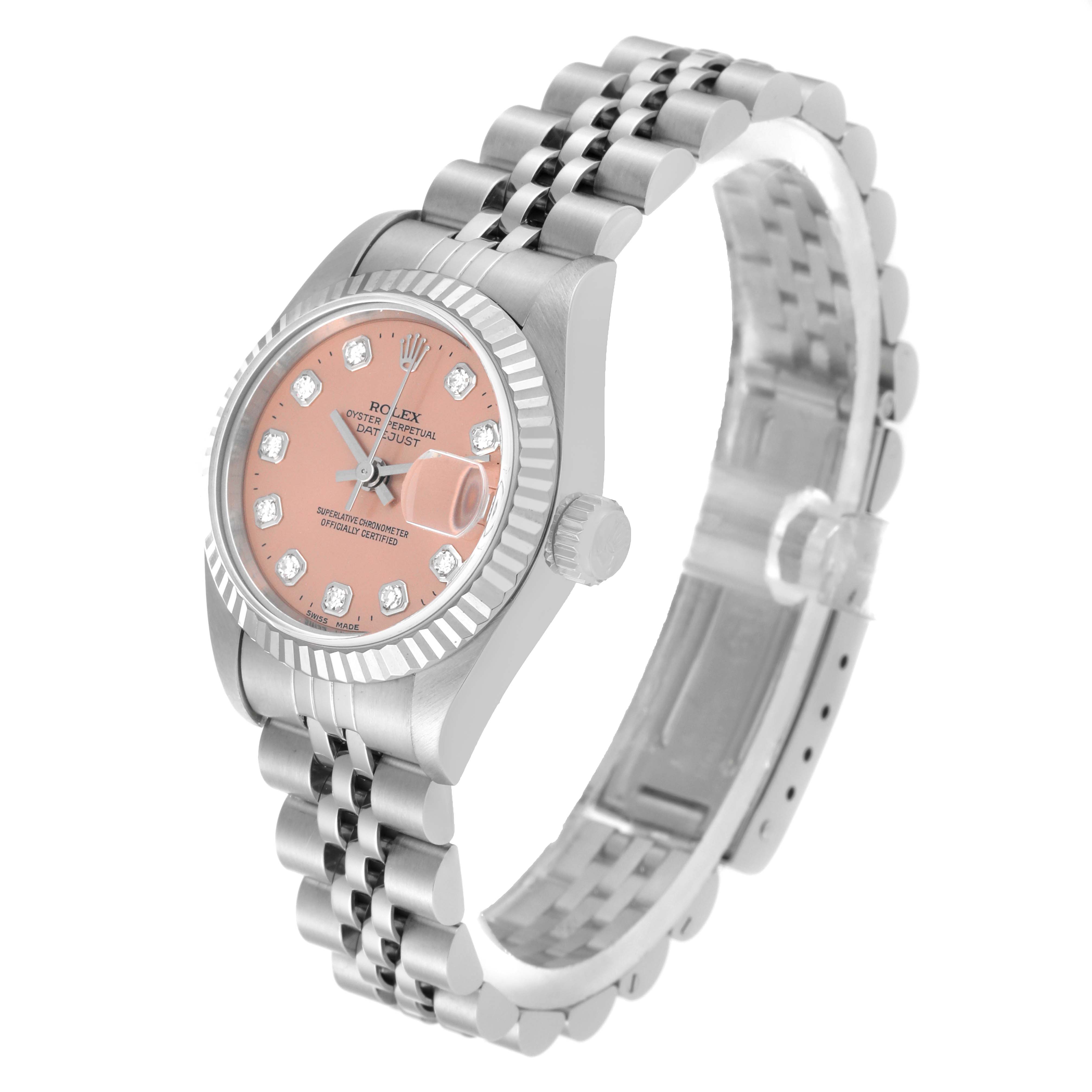 This Rolex Datejust 69174 Women's Stainless Steel Pink Dial 69174 Women's Stainless Steel Pink Dial watch is shown at a slight angle, displaying the face, bezel, crown, and part of the bracelet.