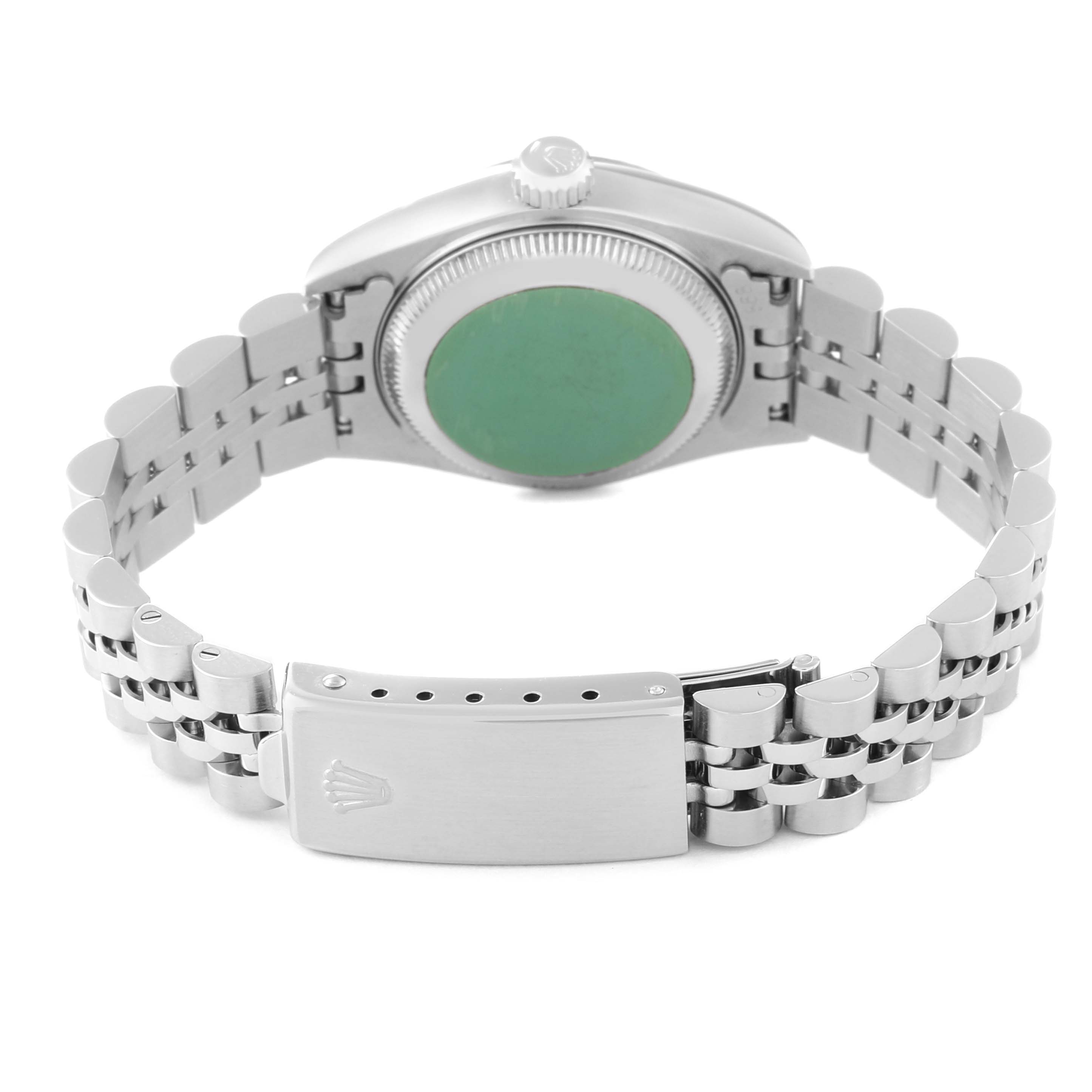 This image shows the back and bracelet of a Rolex Datejust 69174 Women's Stainless Steel Pink Dial 69174 Women's Stainless Steel Pink Dial watch, focusing on the clasp and case back.