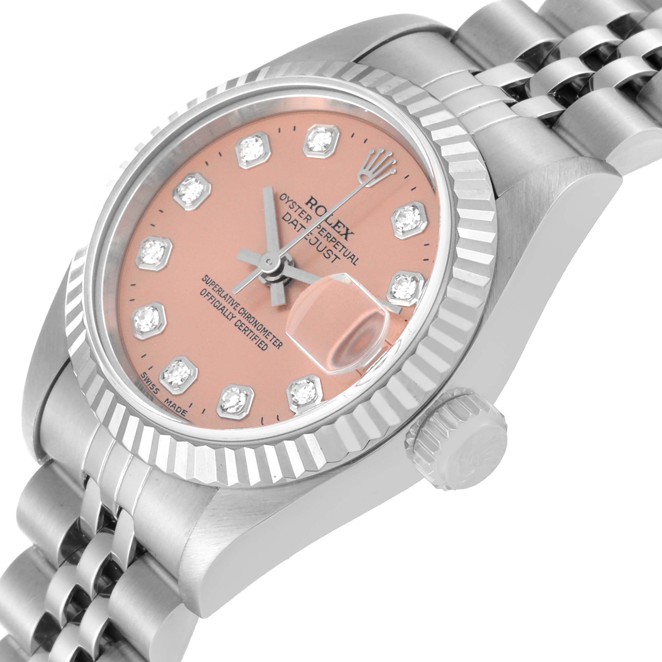 The Rolex Datejust 69174 Women's Stainless Steel Pink Dial 69174 Women's Stainless Steel Pink Dial watch is shown at a three-quarter angle, displaying the dial, bezel, crown, and part of the bracelet.