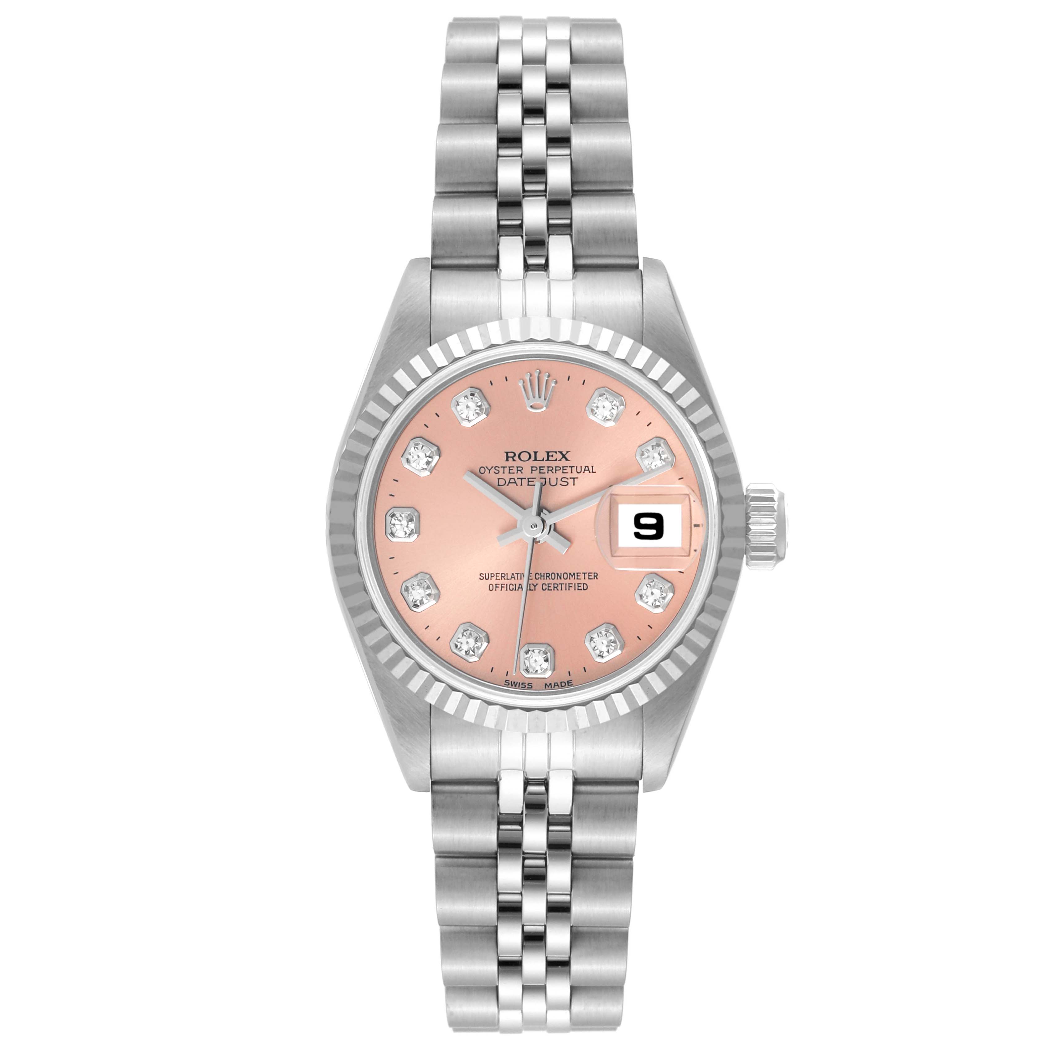 The image shows a front view of a Rolex Datejust 69174 Women's Stainless Steel Pink Dial 69174 Women's Stainless Steel Pink Dial watch, featuring a pink dial with diamond hour markers and a Jubilee bracelet.