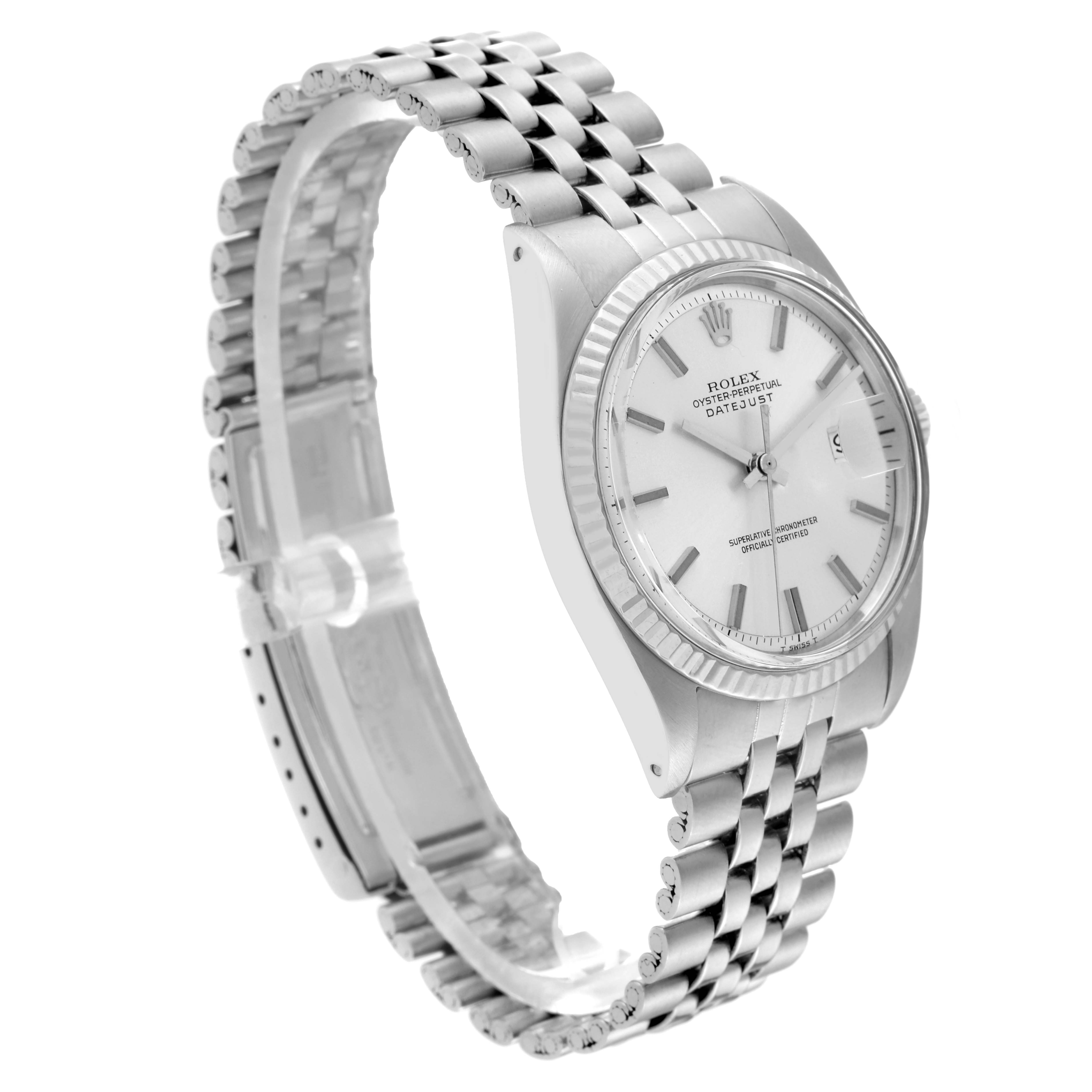 The image shows a Rolex Vintage Collection 1601 Men's Stainless Steel Silver Dial 1601 Men's Stainless Steel Silver Dial watch from a side angle, displaying the dial, bezel, and bracelet.