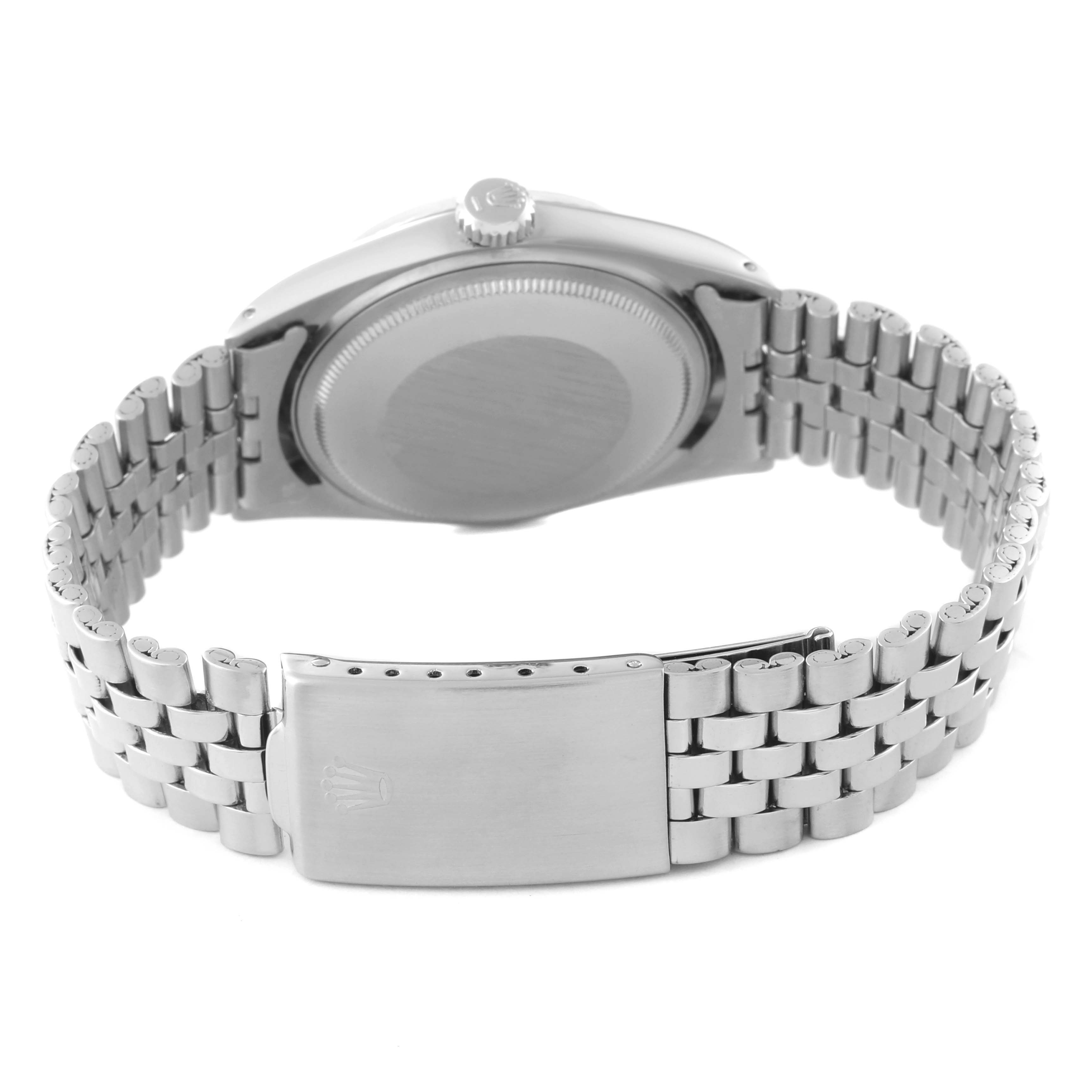 The image shows a back view of the Rolex Vintage Collection 1601 Men's Stainless Steel Silver Dial 1601 Men's Stainless Steel Silver Dial model watch, focusing on the case back and bracelet clasp.