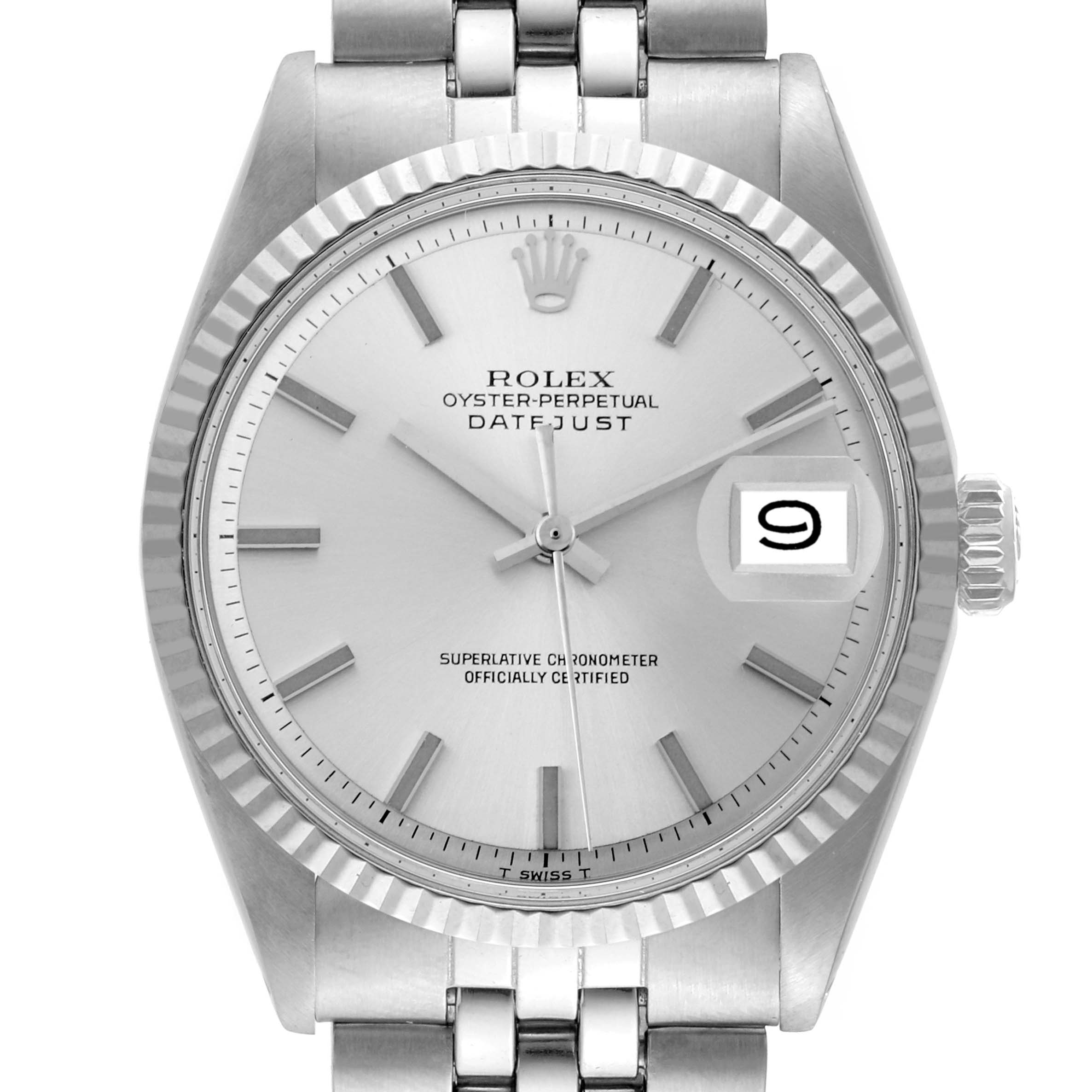This image shows the front view of the Rolex Vintage Collection 1601 Men's Stainless Steel Silver Dial 1601 Men's Stainless Steel Silver Dial Datejust watch, showcasing the dial, hands, crown, and part of the bracelet.
