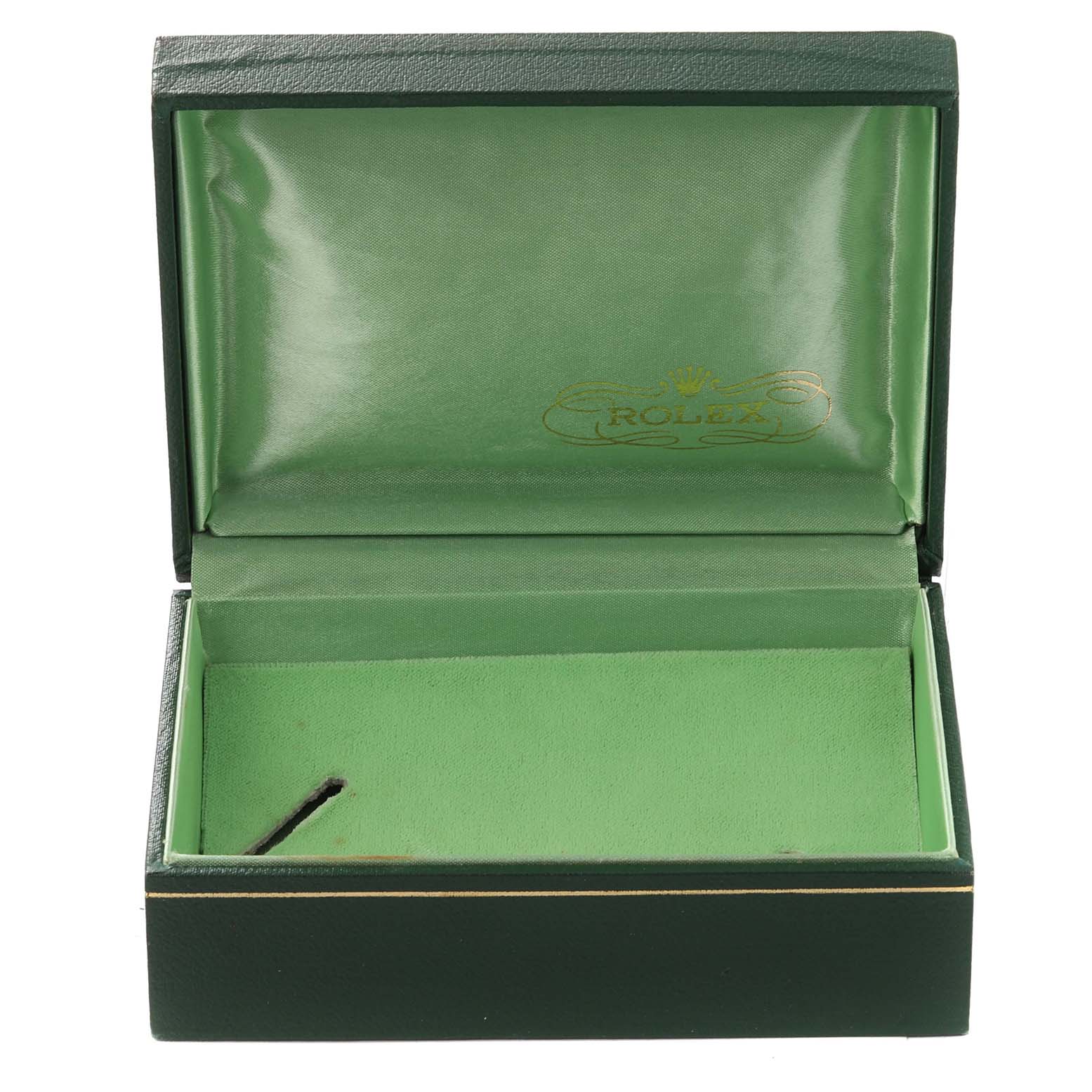 This image shows an empty green watch box for the Vintage Collection model by Rolex, viewed from the front with an open lid.