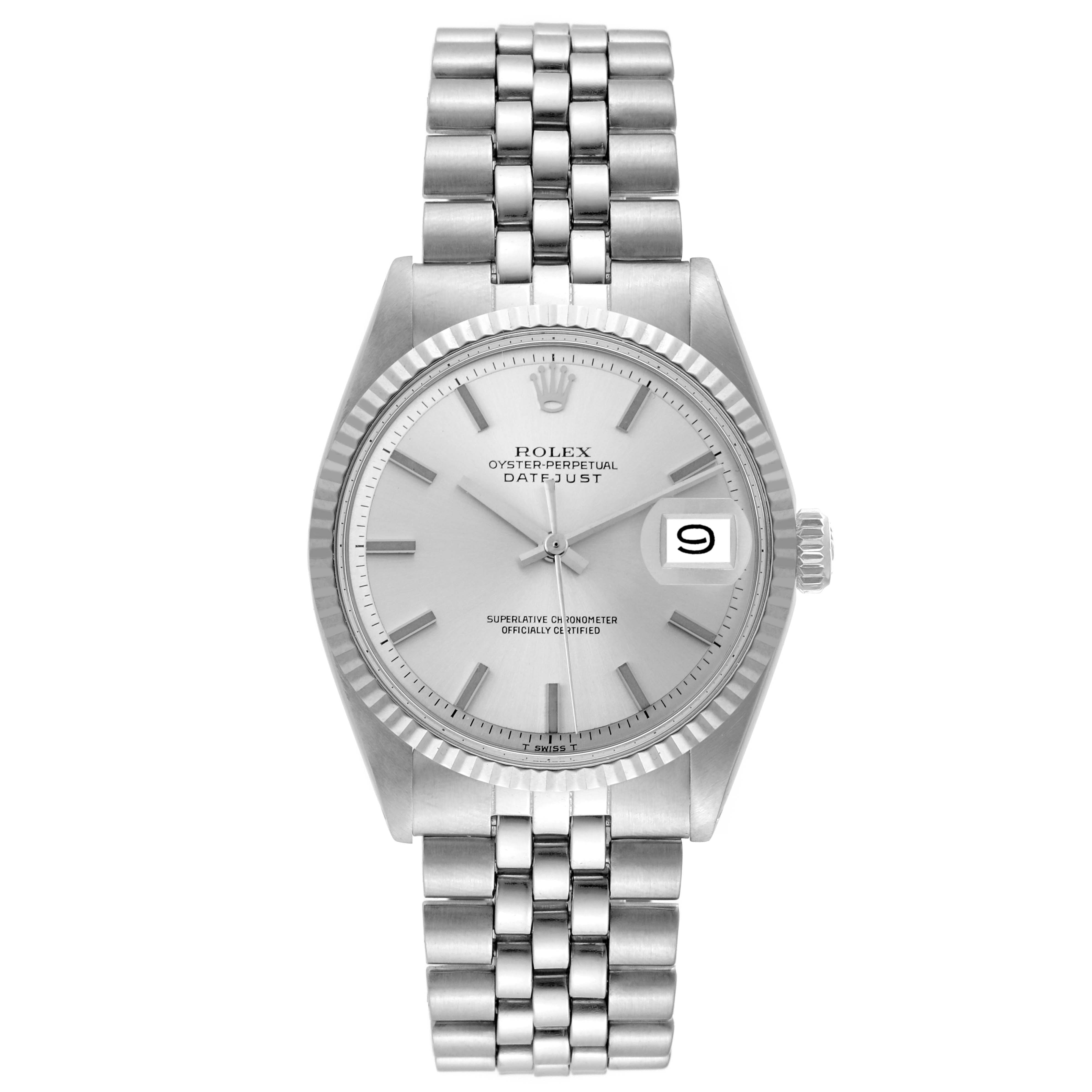 The Rolex Vintage Collection 1601 Men's Stainless Steel Silver Dial 1601 Men's Stainless Steel Silver Dial model is shown from a top-down angle, displaying its face, bezel, and bracelet.