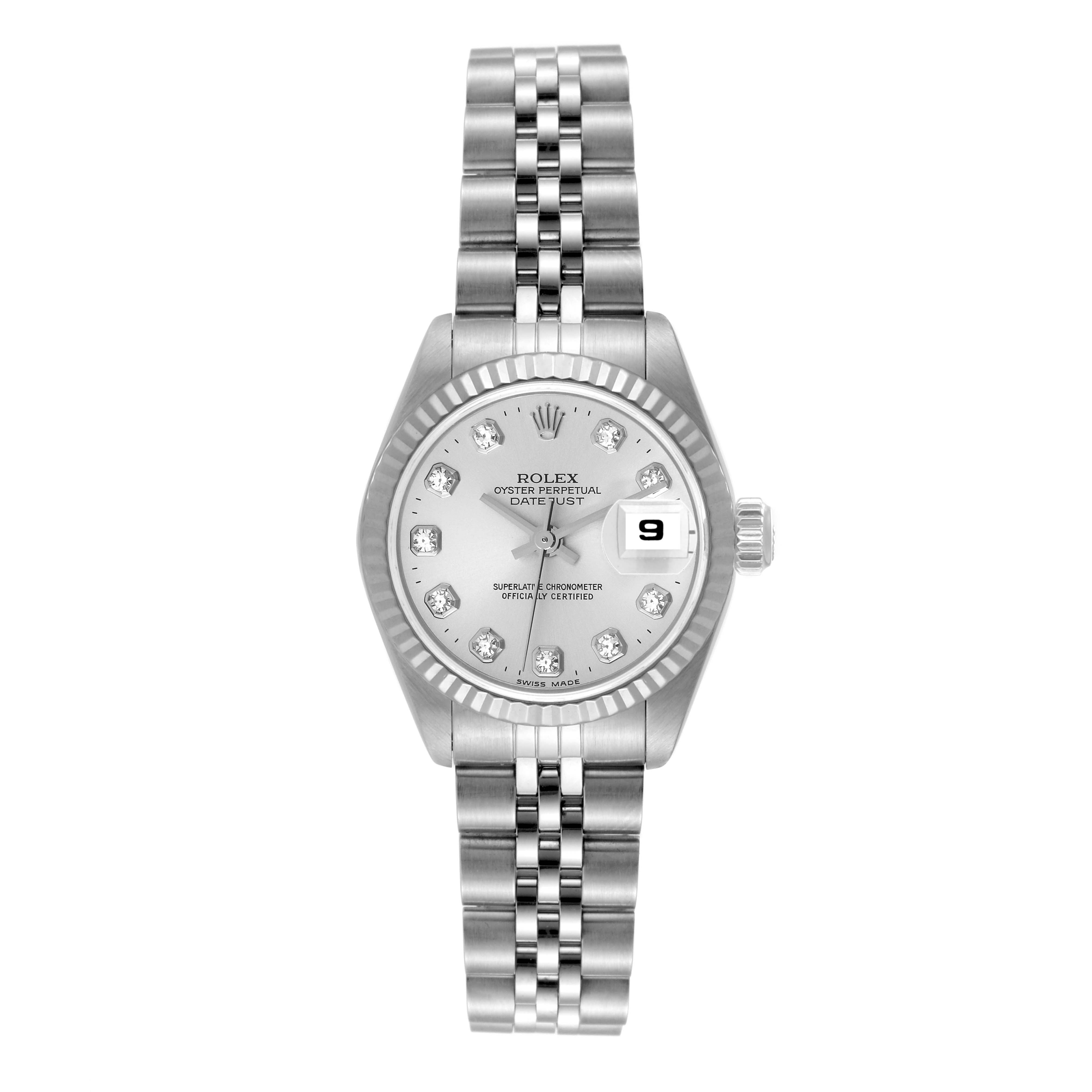 The image shows a top-down view of a Rolex Datejust 69174 Women's Stainless Steel Silver Dial 69174 Women's Stainless Steel Silver Dial watch, highlighting the face, bezel, and bracelet.