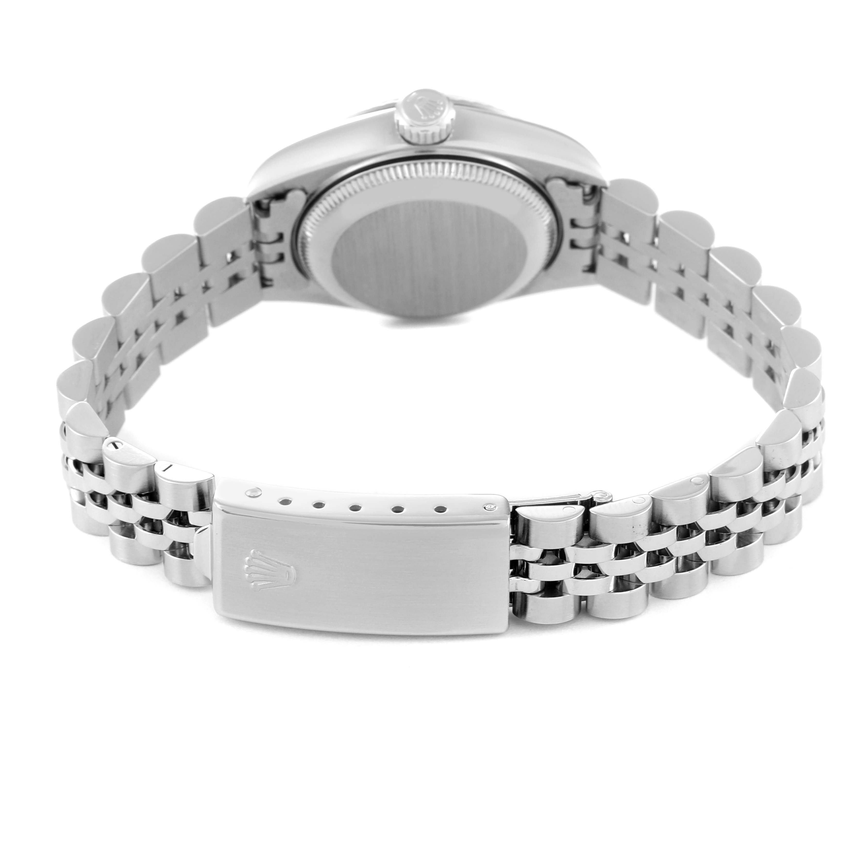 The image shows the back view of a Rolex Datejust 69174 Women's Stainless Steel Silver Dial 69174 Women's Stainless Steel Silver Dial watch, highlighting the clasp, bracelet, and case back.