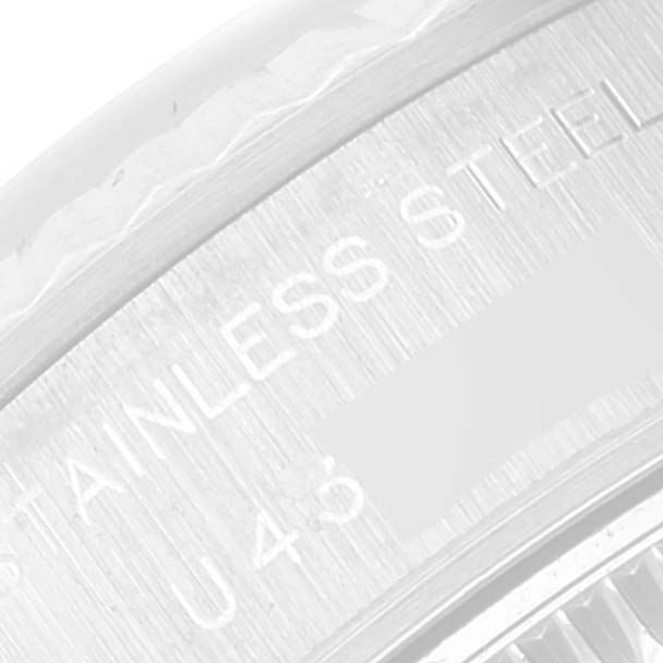 This image shows a close-up view of the stainless steel case back of a Rolex Datejust 69174 Women's Stainless Steel Silver Dial 69174 Women's Stainless Steel Silver Dial watch.