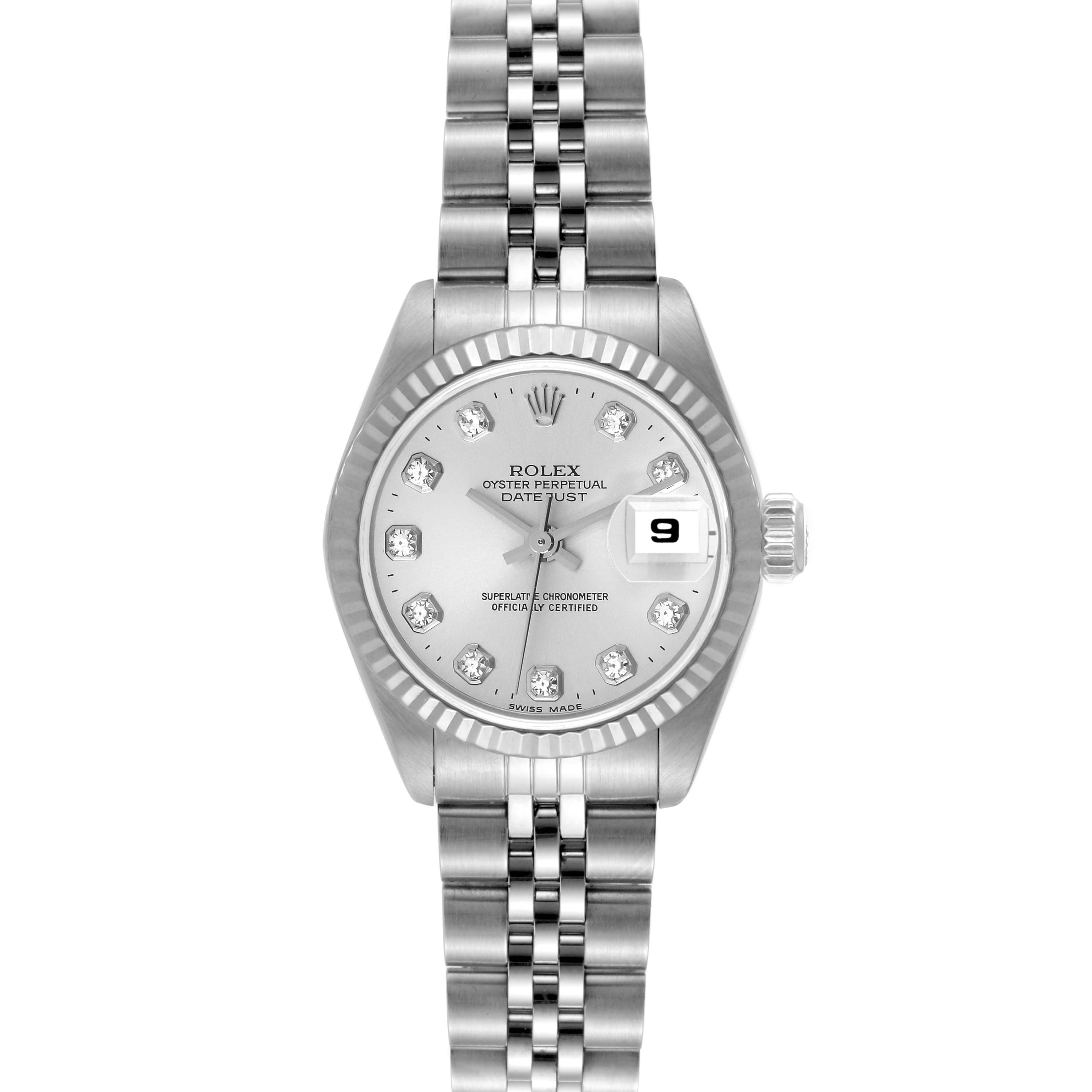 This image shows a frontal view of a Rolex Datejust 69174 Women's Stainless Steel Silver Dial 69174 Women's Stainless Steel Silver Dial watch, displaying the dial, bezel, hands, bracelet, and date window.