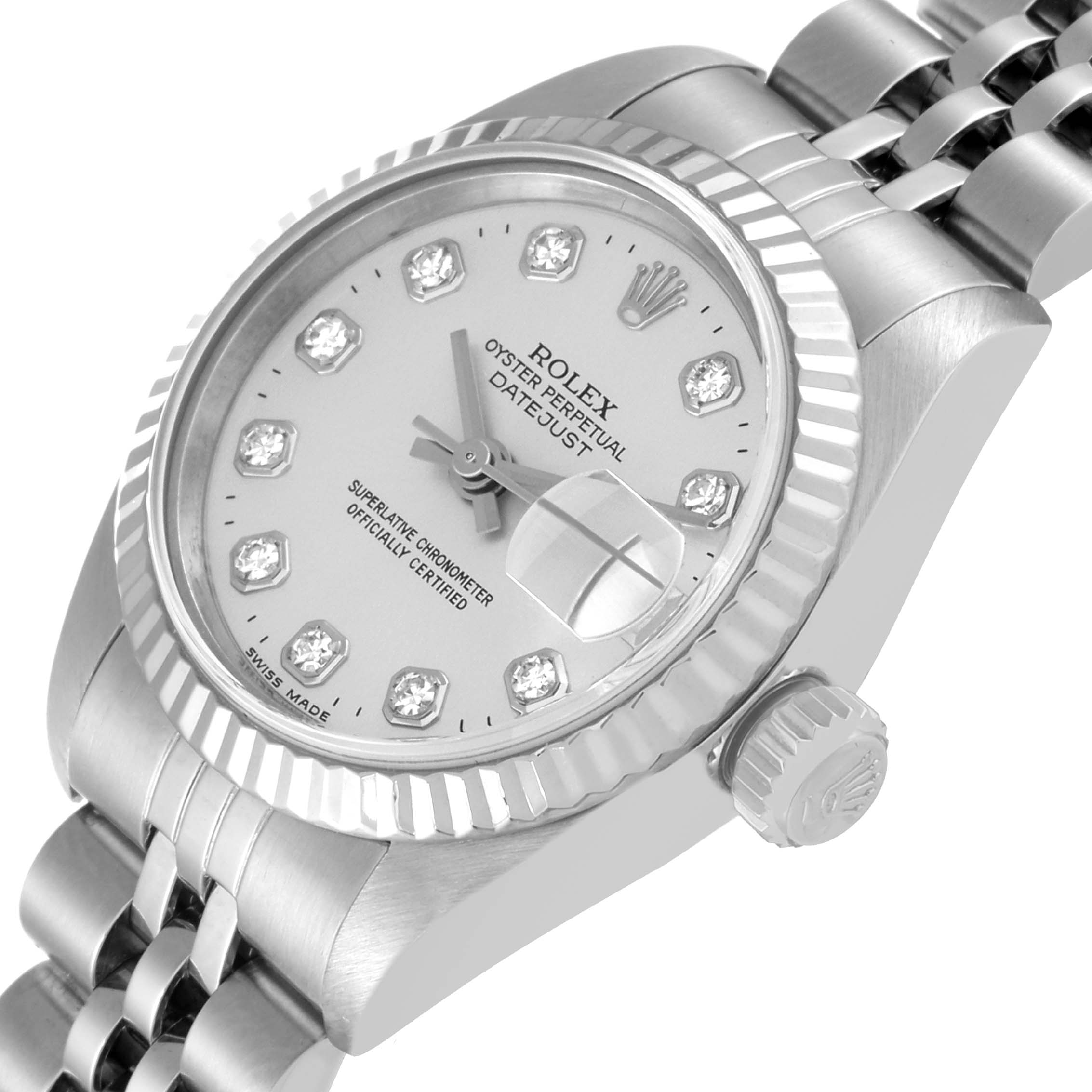 The Rolex Datejust 69174 Women's Stainless Steel Silver Dial 69174 Women's Stainless Steel Silver Dial watch is shown at an angled view highlighting the dial, fluted bezel, and part of the jubilee bracelet.