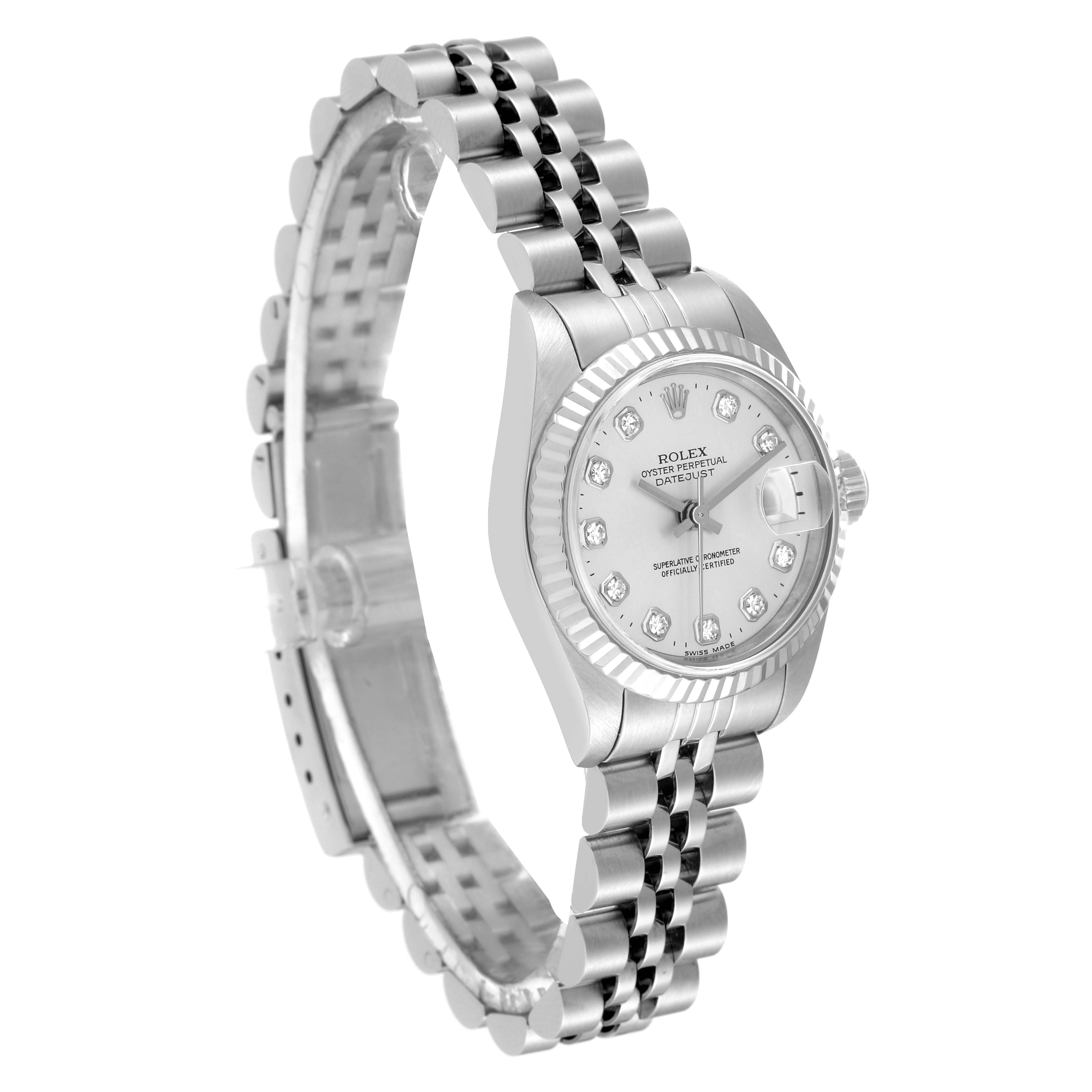 The image shows a Rolex Datejust 69174 Women's Stainless Steel Silver Dial 69174 Women's Stainless Steel Silver Dial watch at a three-quarter angle, highlighting its face, bezel, and bracelet.