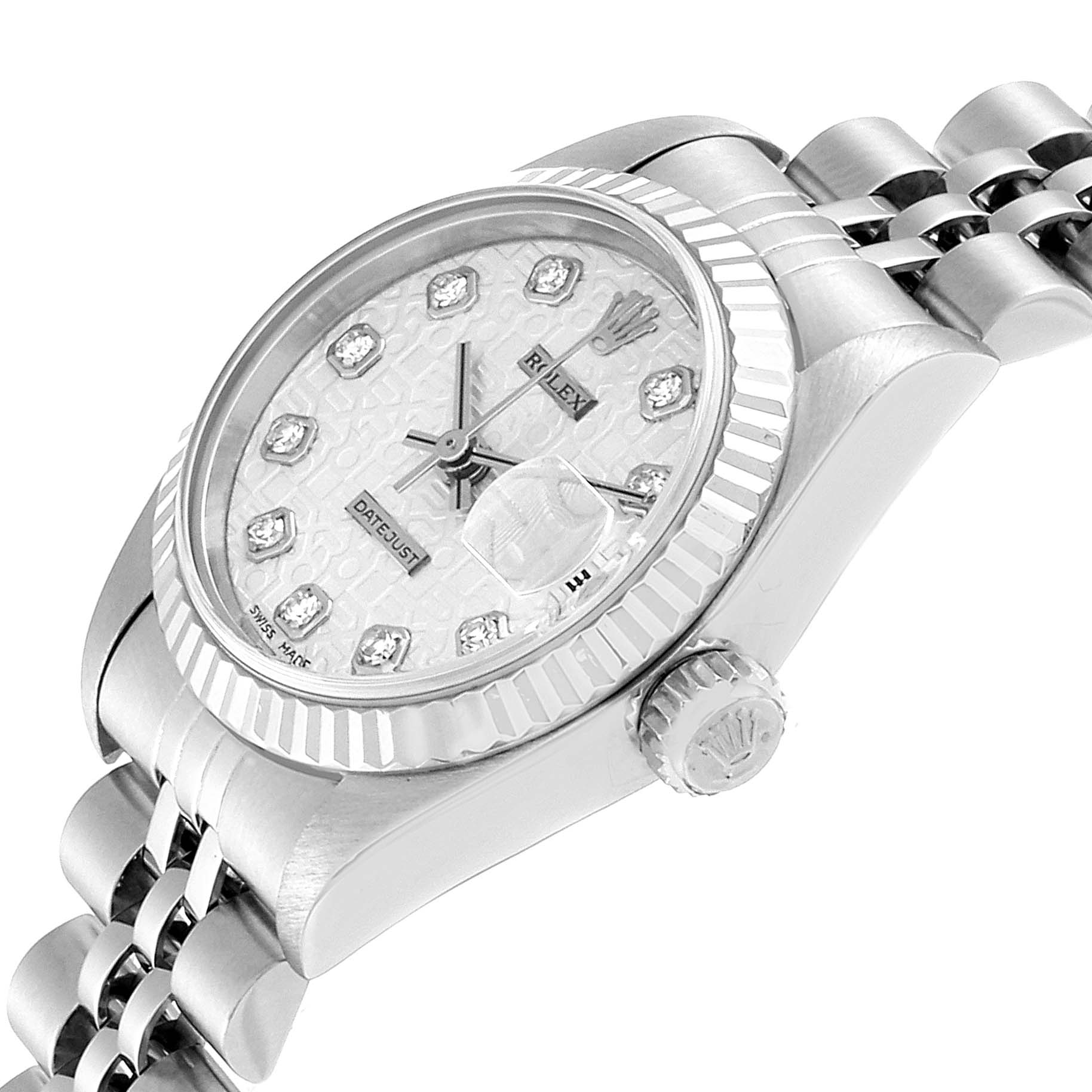 This image shows a side angle of the Rolex Datejust 79174 Women's Stainless Steel Silver Dial 79174 Women's Stainless Steel Silver Dial watch, highlighting the crown, bracelet, bezel, and diamond-studded dial.