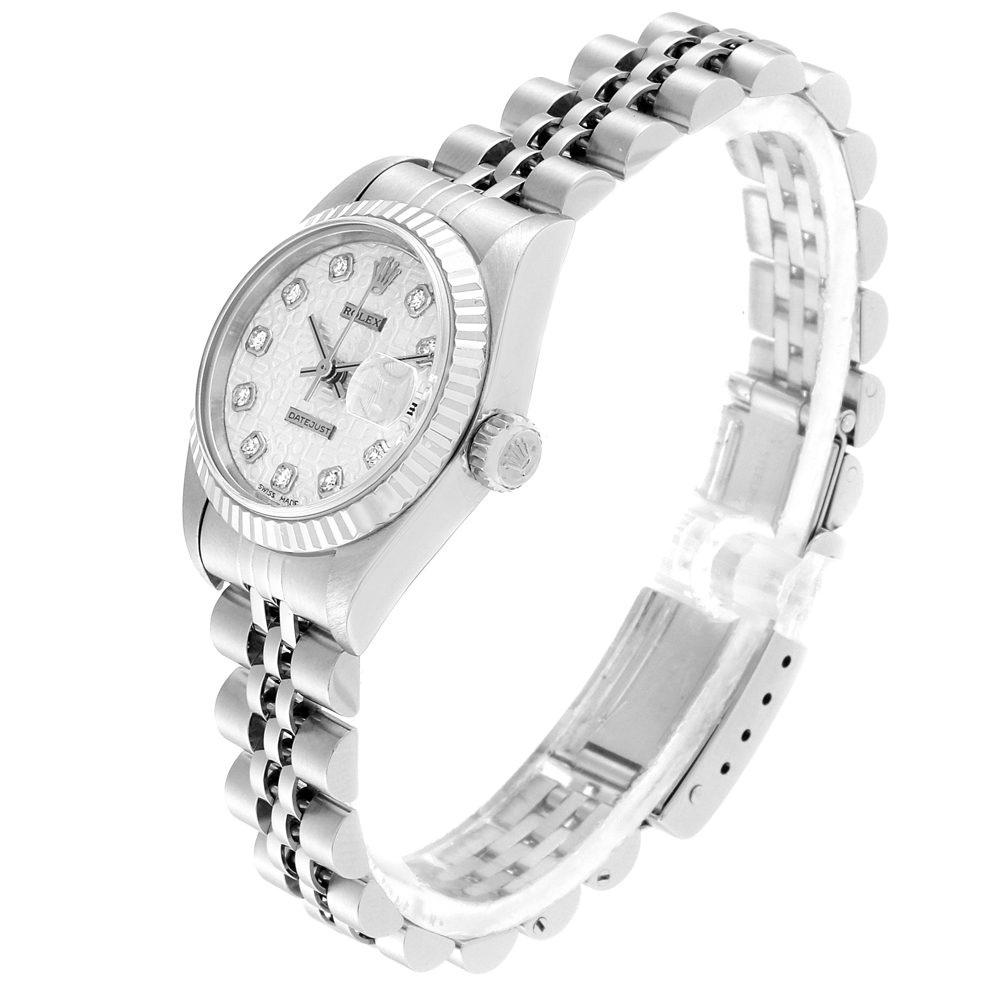 The Rolex Datejust 79174 Women's Stainless Steel Silver Dial 79174 Women's Stainless Steel Silver Dial model watch is shown at a tilted angle, highlighting the face, crown, and bracelet.