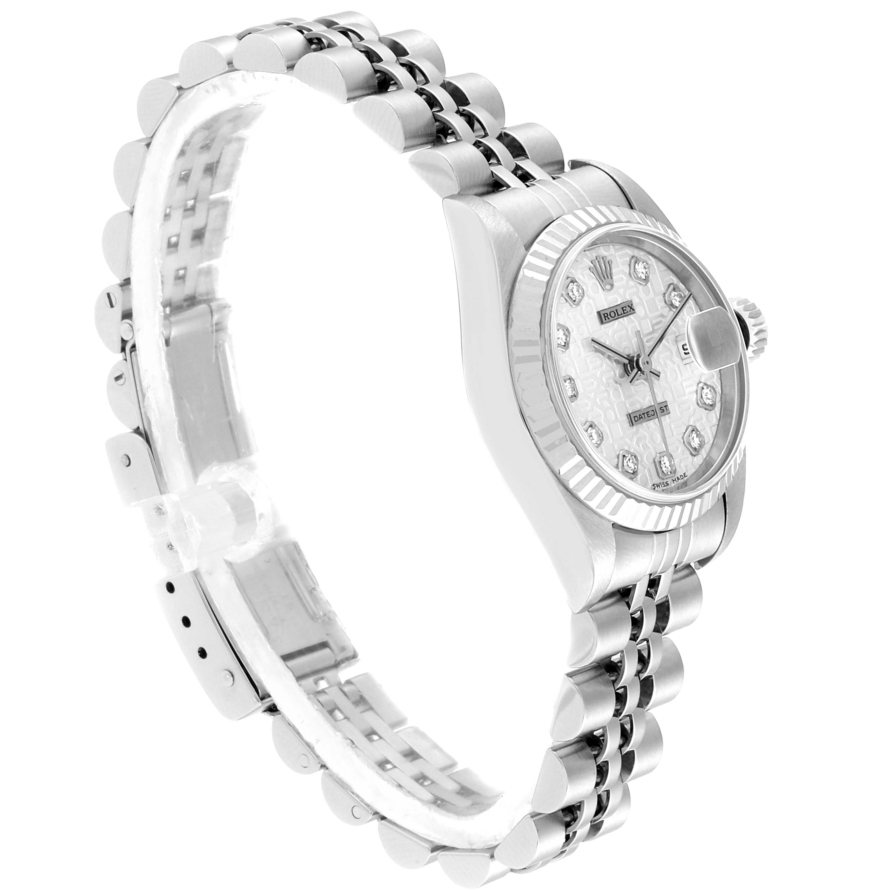 The image shows a Rolex Datejust 79174 Women's Stainless Steel Silver Dial 79174 Women's Stainless Steel Silver Dial watch from a side angle, highlighting its dial, bezel, and bracelet.