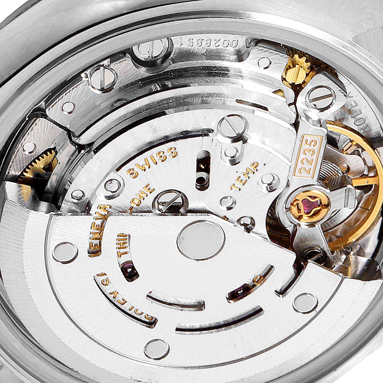 This image shows a close-up view of the movement mechanism of a Rolex Datejust 79174 Women's Stainless Steel Silver Dial 79174 Women's Stainless Steel Silver Dial watch.