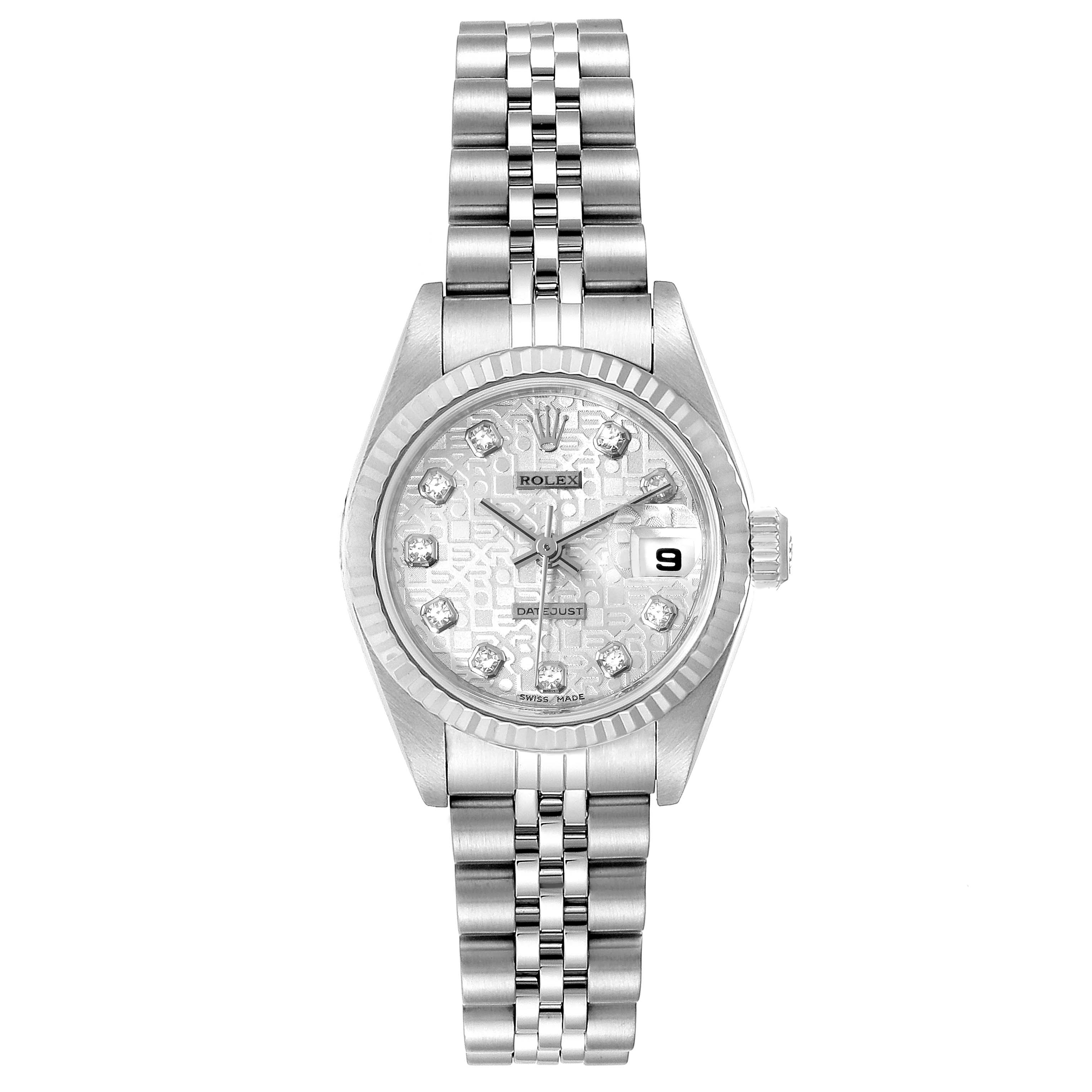 This image shows a front view of the Rolex Datejust 79174 Women's Stainless Steel Silver Dial 79174 Women's Stainless Steel Silver Dial watch, highlighting its dial, bezel, bracelet, and date window.