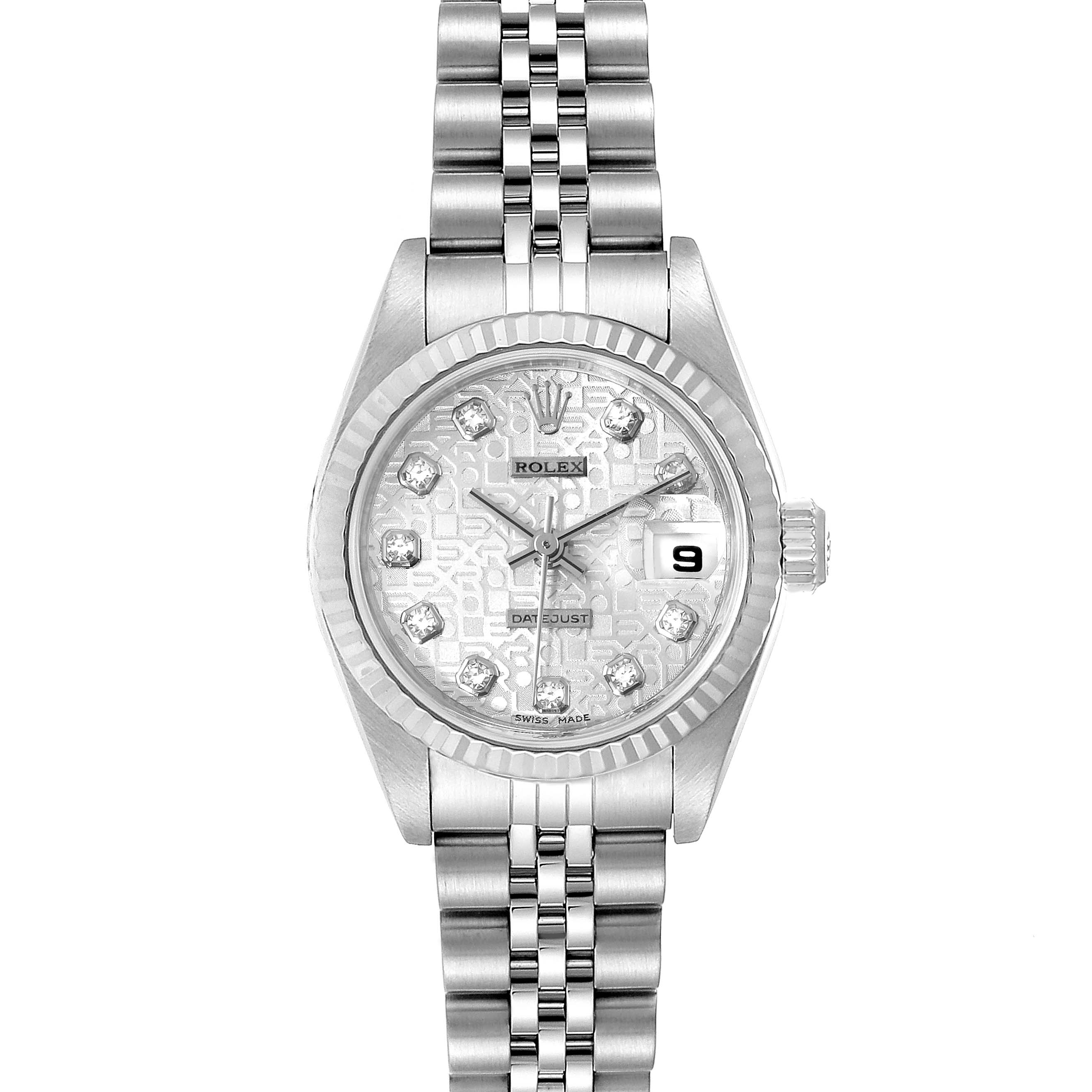 The image shows a frontal view of a Rolex Datejust 79174 Women's Stainless Steel Silver Dial 79174 Women's Stainless Steel Silver Dial watch, highlighting its face, bezel, and bracelet.