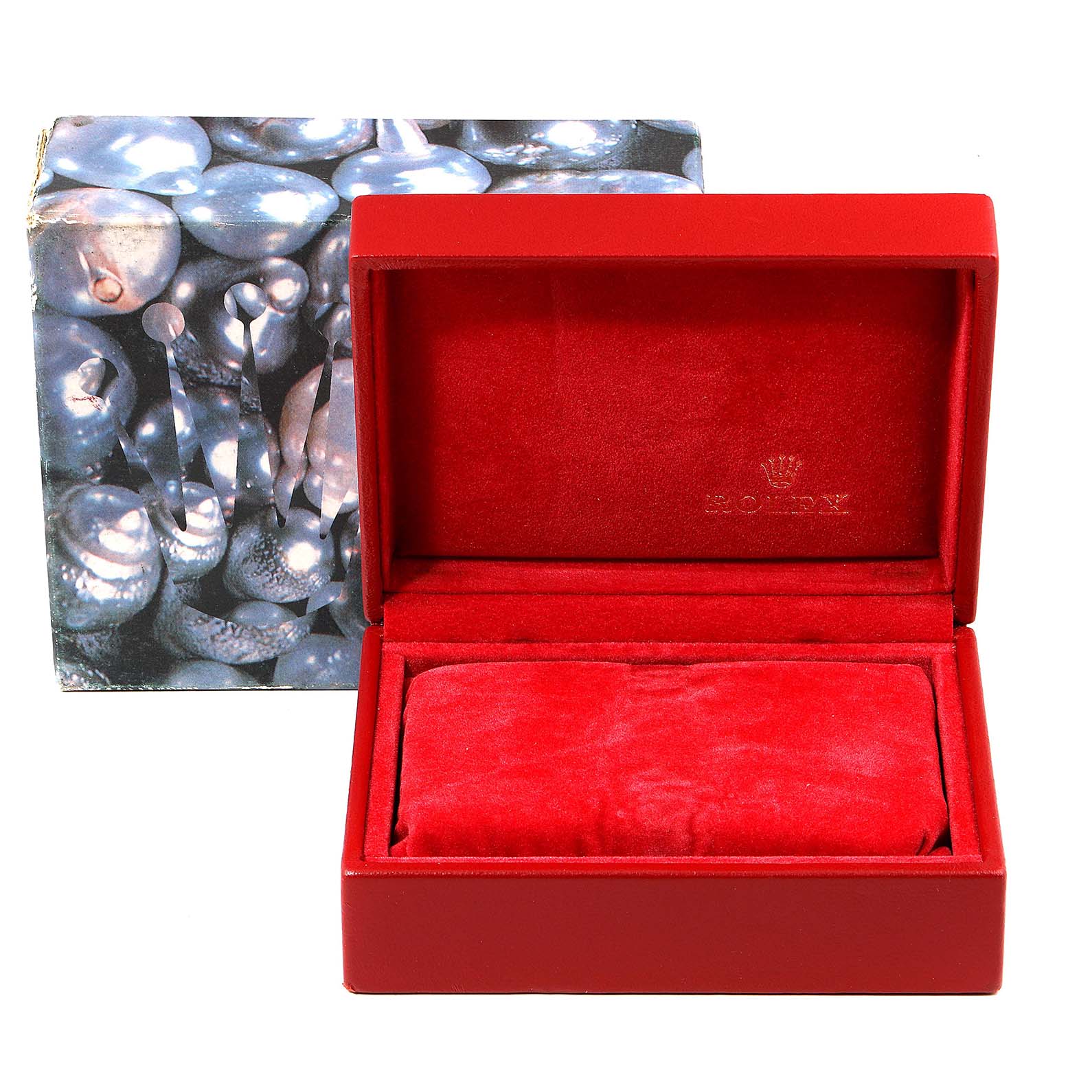 This image shows an open red Rolex Datejust 79174 Women's Stainless Steel Silver Dial 79174 Women's Stainless Steel Silver Dial watch box with a cushion inside and its outer decorative box in the background.