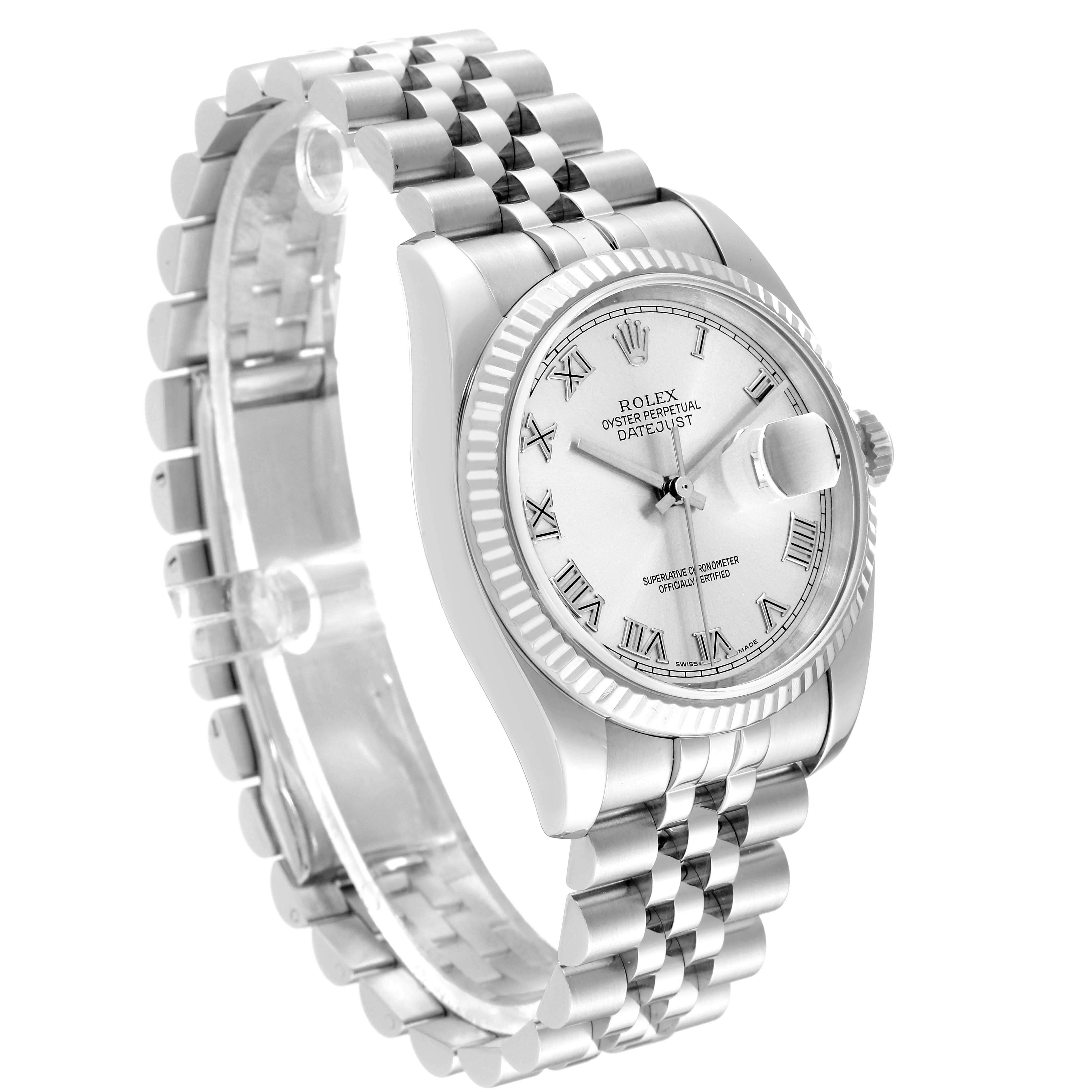 This Rolex Datejust 116234 Men
s Stainless Steel Silver Dial 116234 Men
s Stainless Steel Silver Dial watch is shown from an angled side view, highlighting the dial, bezel, crown, and bracelet.